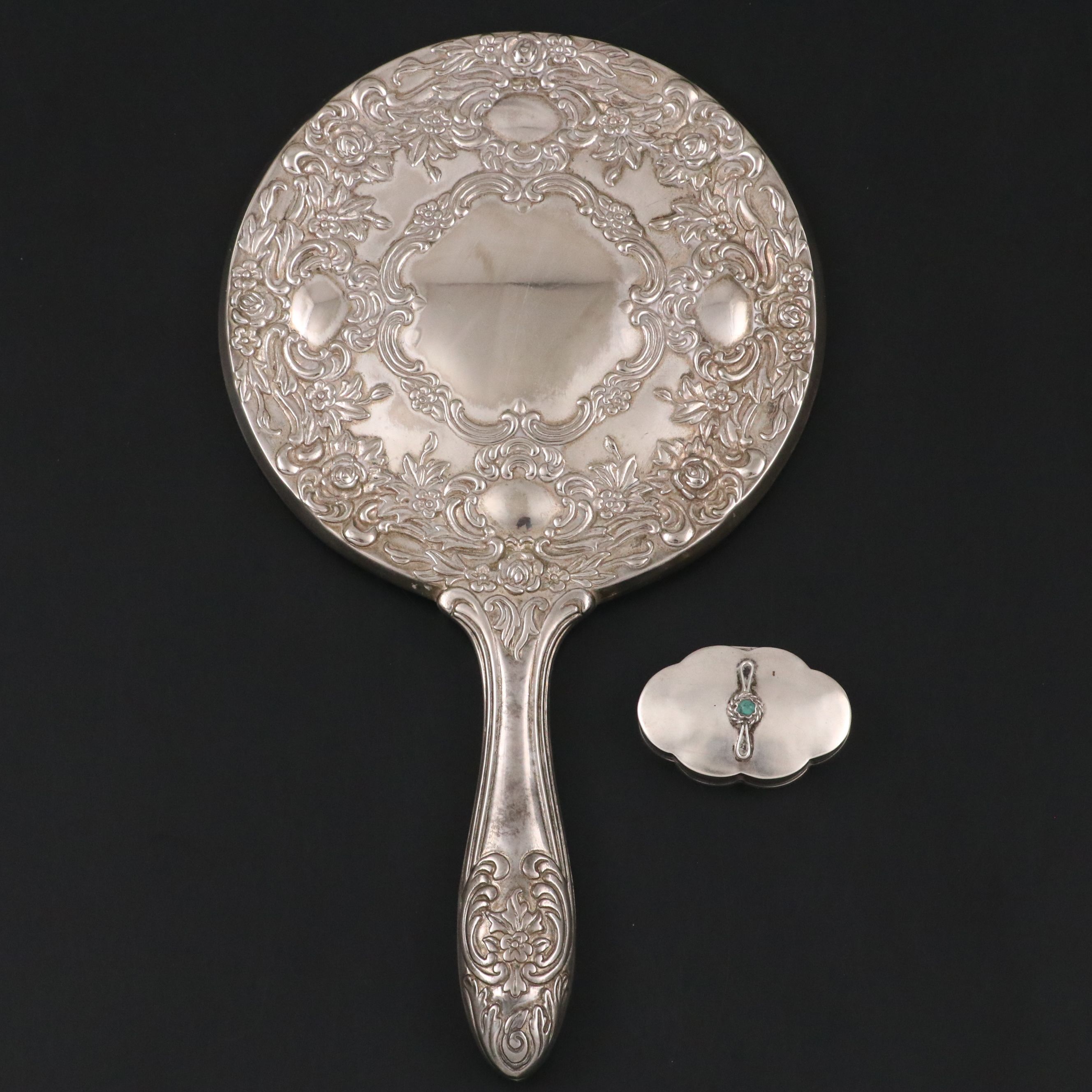 Mexican Sterling Silver and Turqoise Box with Ornate Silver Plate Hand Mirror