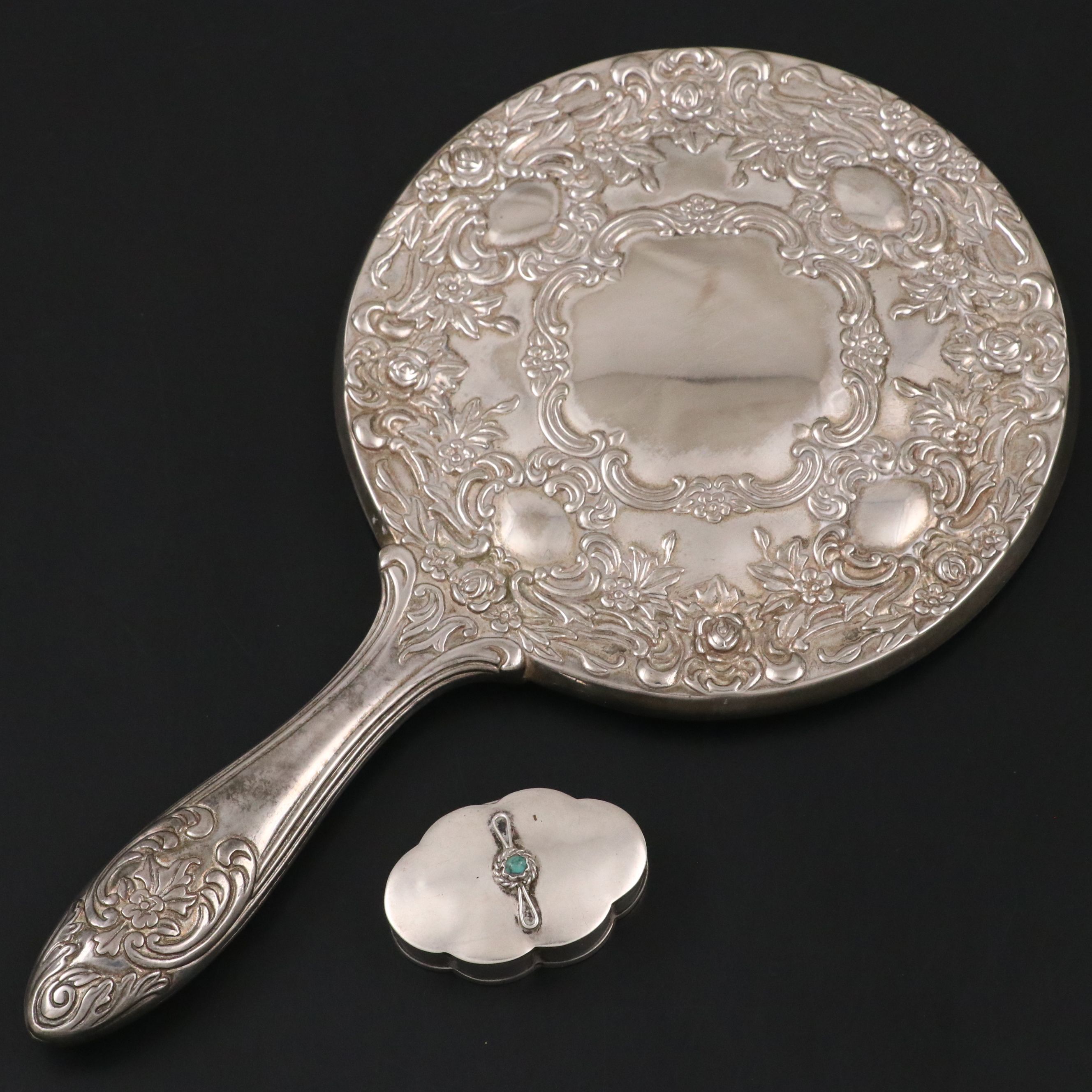 Mexican Sterling Silver and Turqoise Box with Ornate Silver Plate Hand Mirror