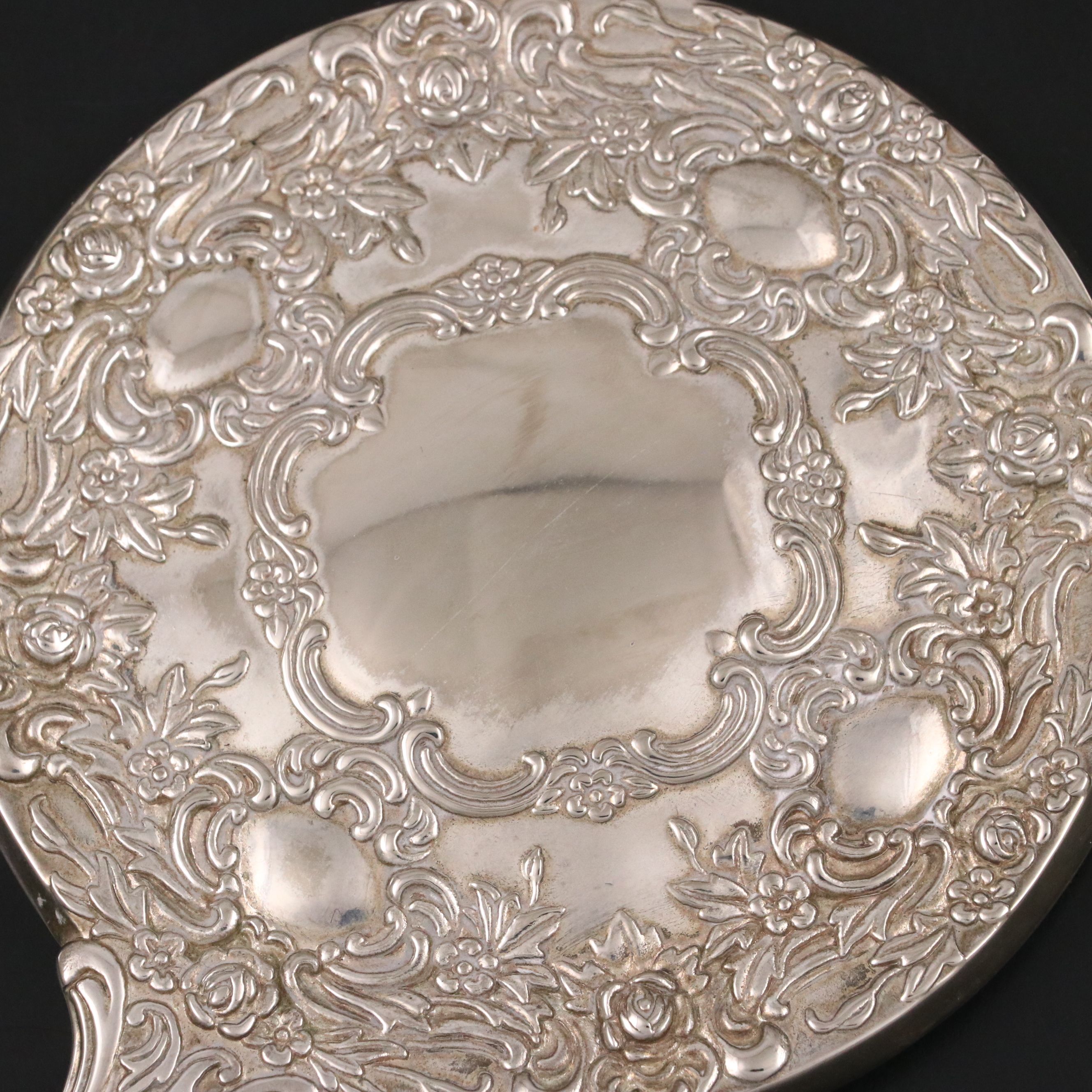 Mexican Sterling Silver and Turqoise Box with Ornate Silver Plate Hand Mirror