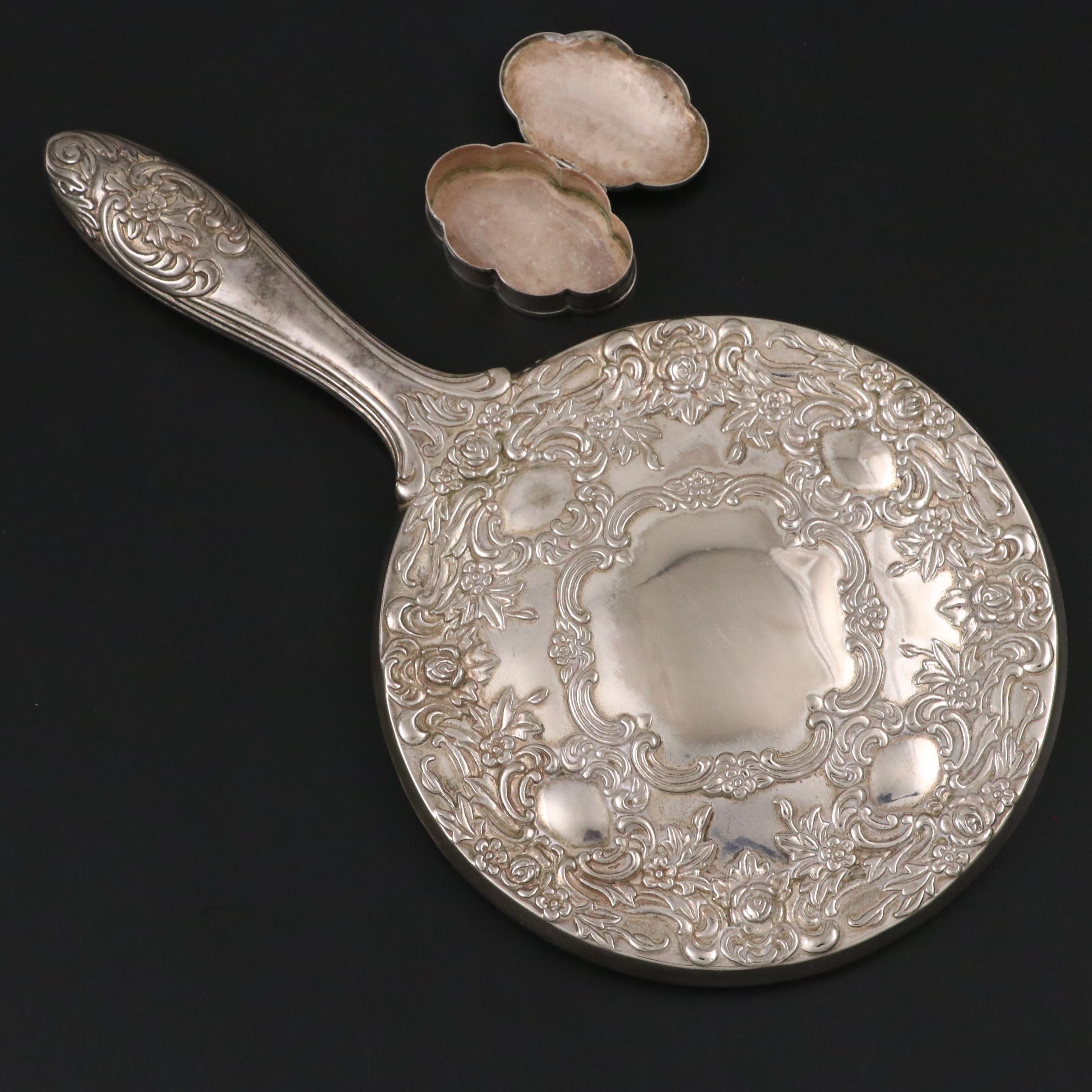 Mexican Sterling Silver and Turqoise Box with Ornate Silver Plate Hand Mirror