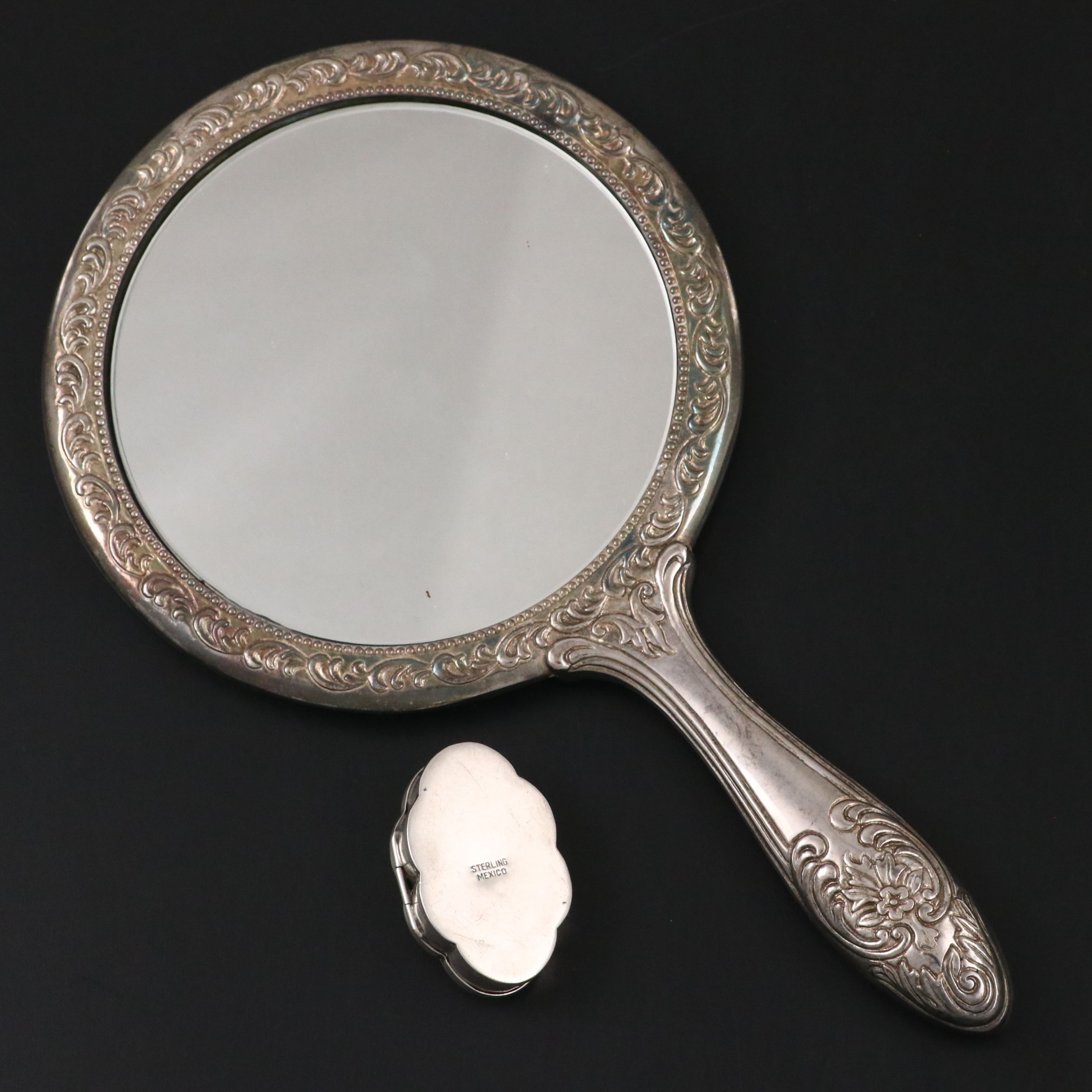 Mexican Sterling Silver and Turqoise Box with Ornate Silver Plate Hand Mirror