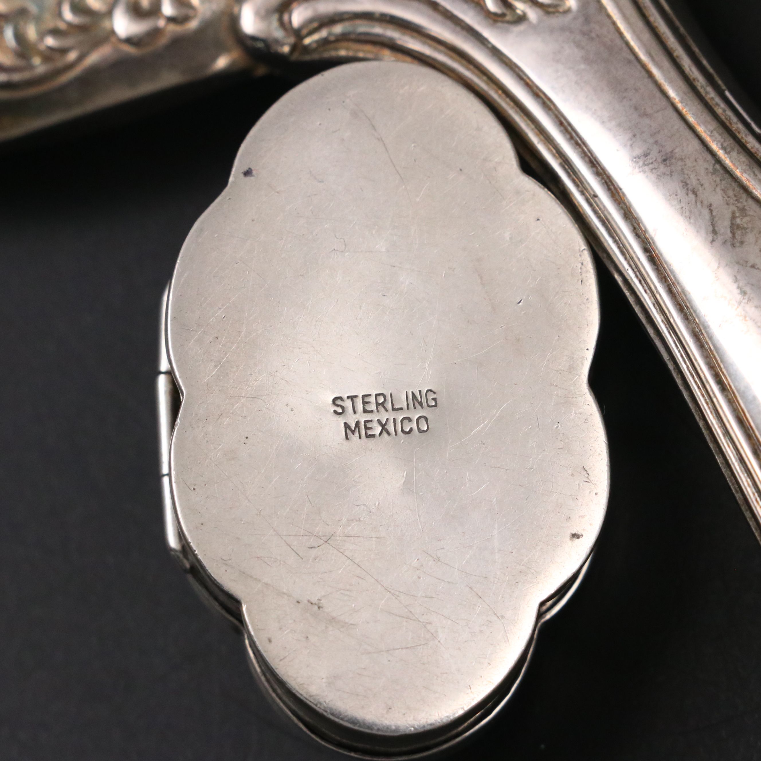 Mexican Sterling Silver and Turqoise Box with Ornate Silver Plate Hand Mirror