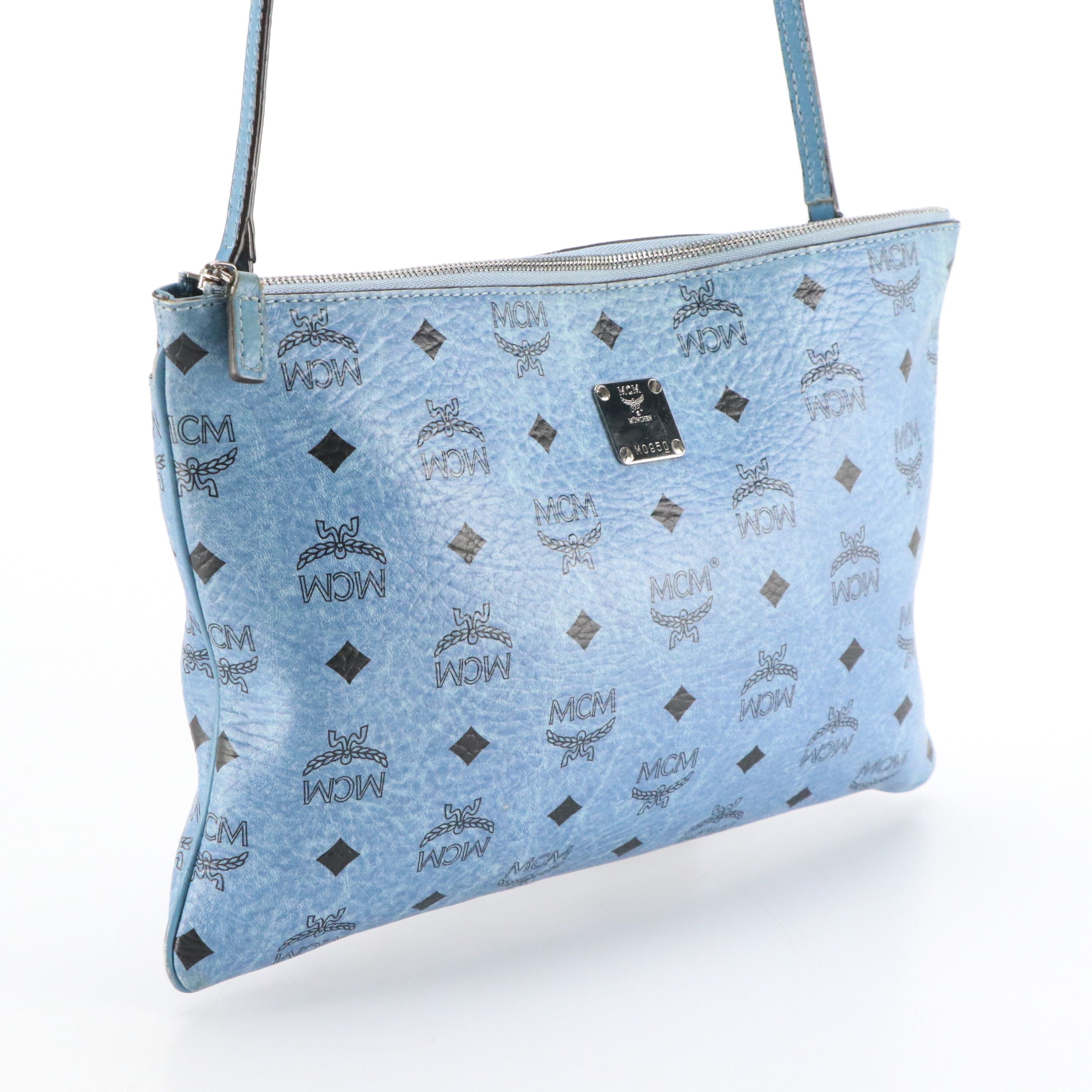 MCM Crossbody Zip Pouch in Denim Blue Cognac Visetos Canvas and Leather