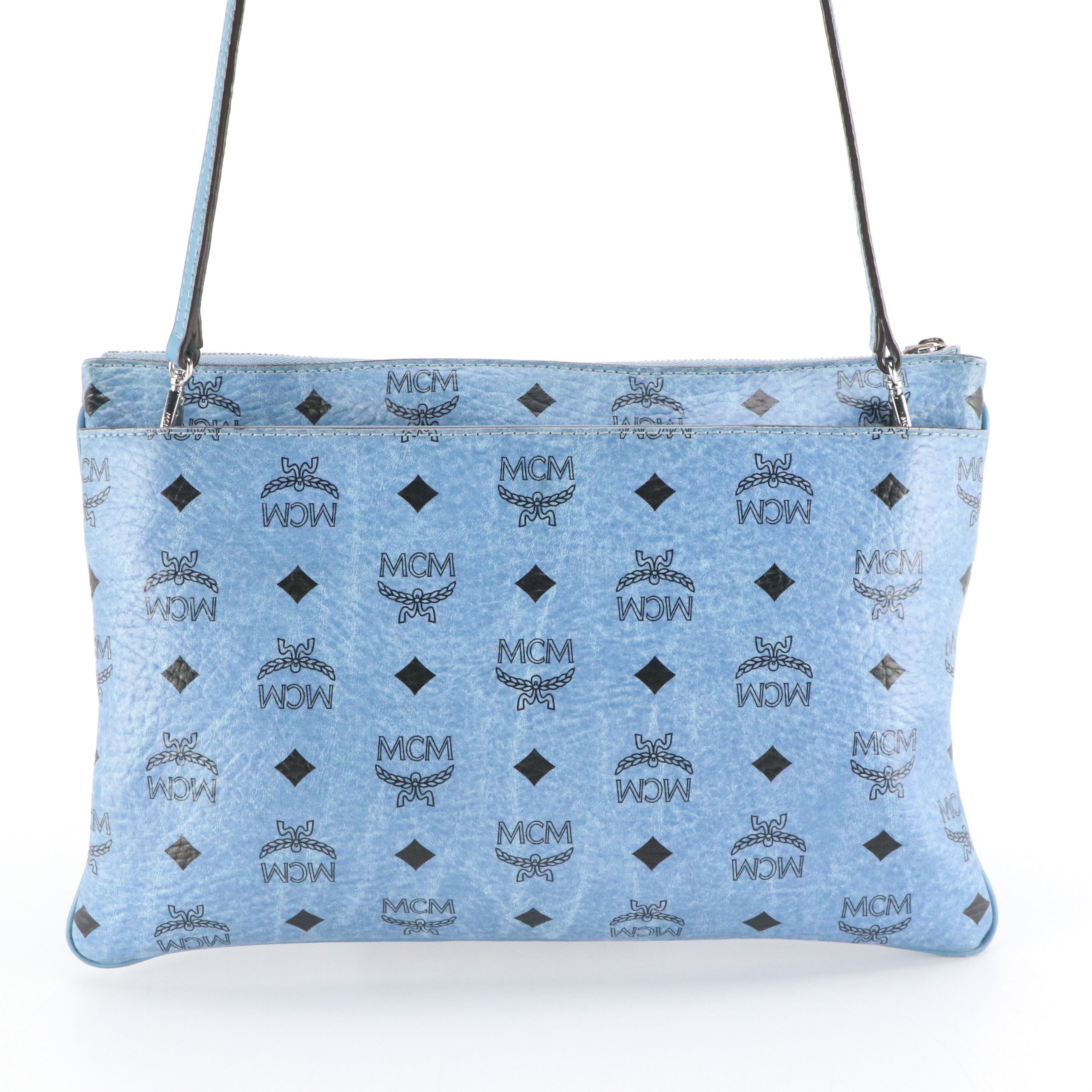 MCM Crossbody Zip Pouch in Denim Blue Cognac Visetos Canvas and Leather