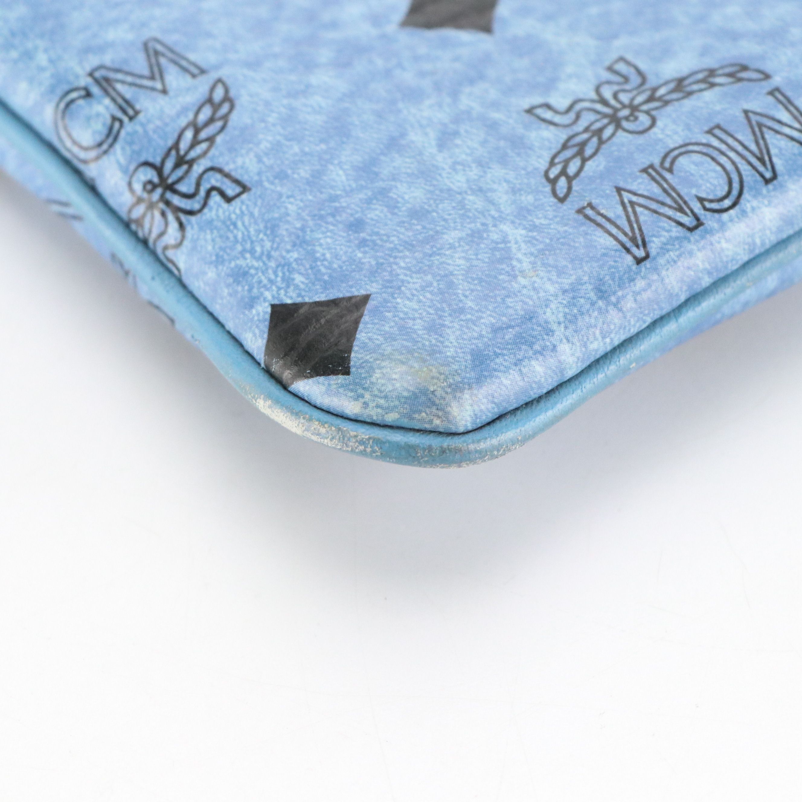 MCM Crossbody Zip Pouch in Denim Blue Cognac Visetos Canvas and Leather