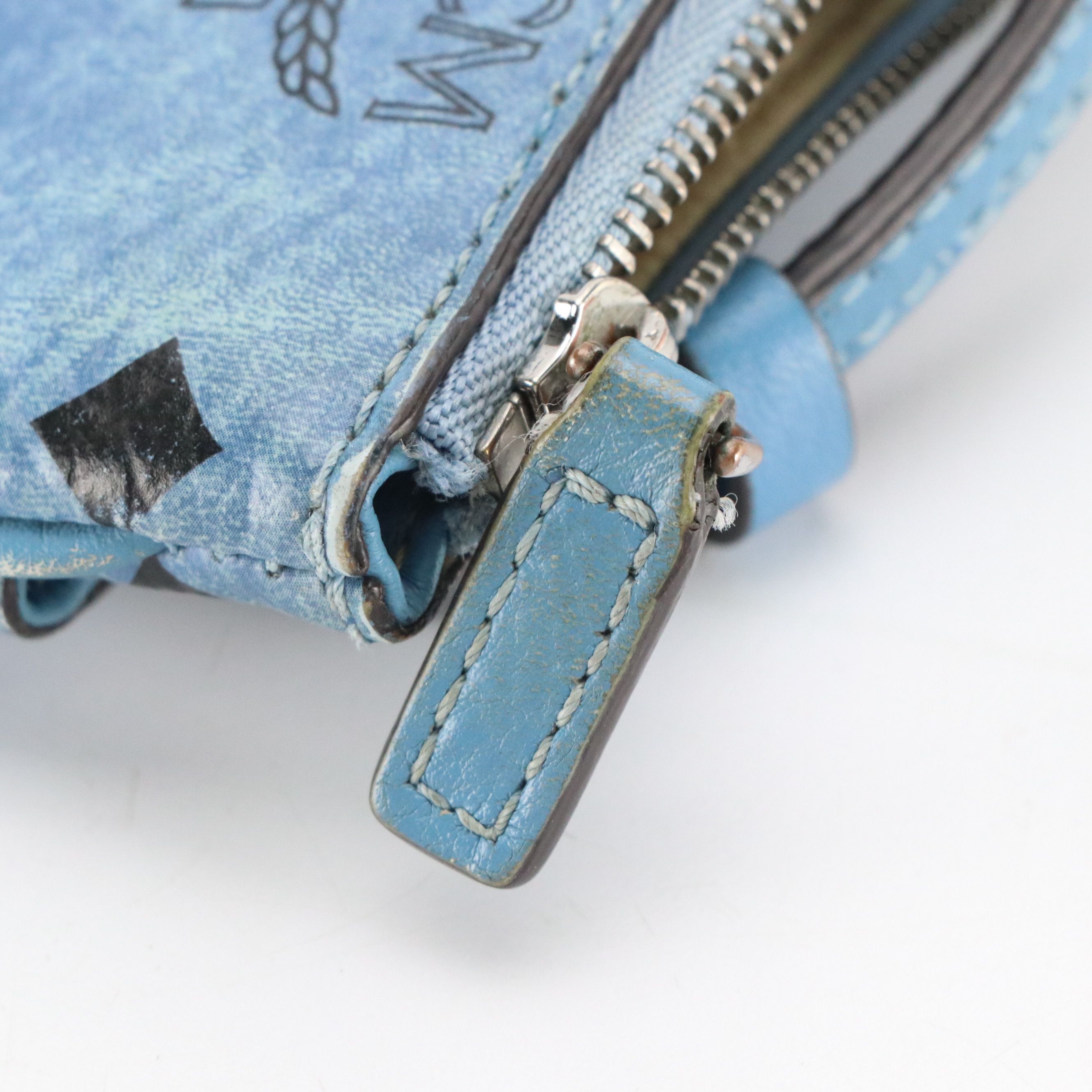 MCM Crossbody Zip Pouch in Denim Blue Cognac Visetos Canvas and Leather