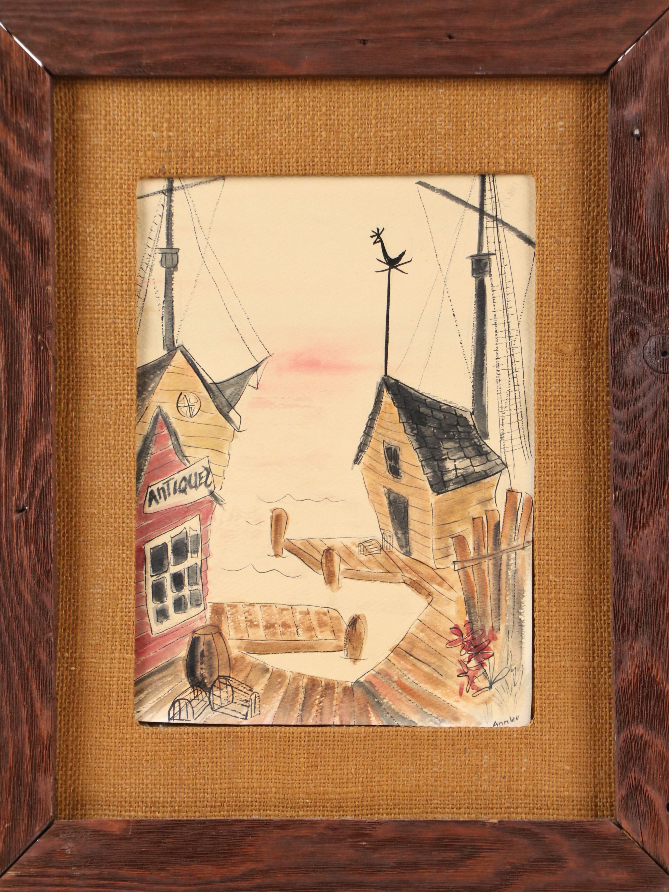 Folk Art Watercolor Painting of Dock Scene, Circa 1970