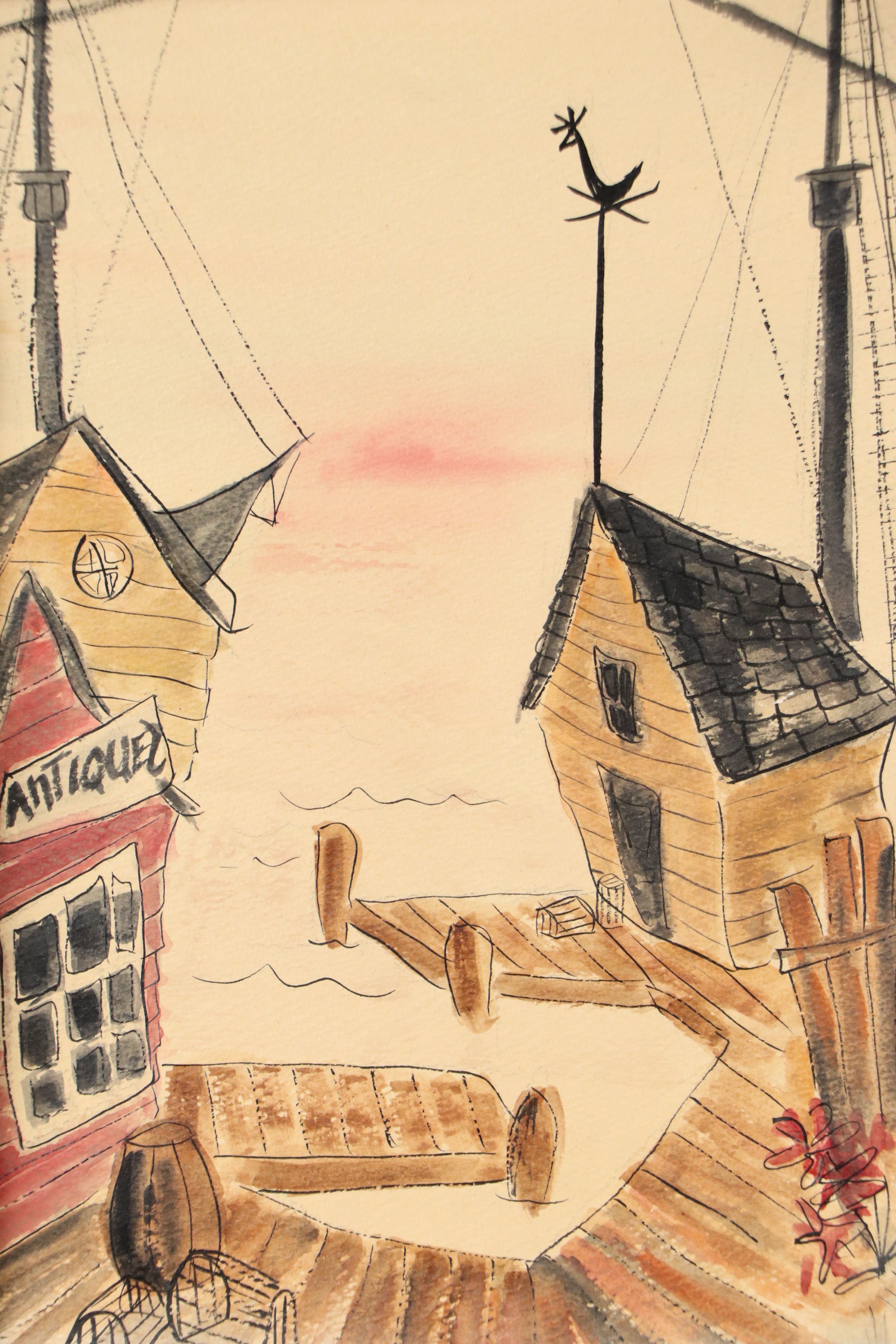 Folk Art Watercolor Painting of Dock Scene, Circa 1970