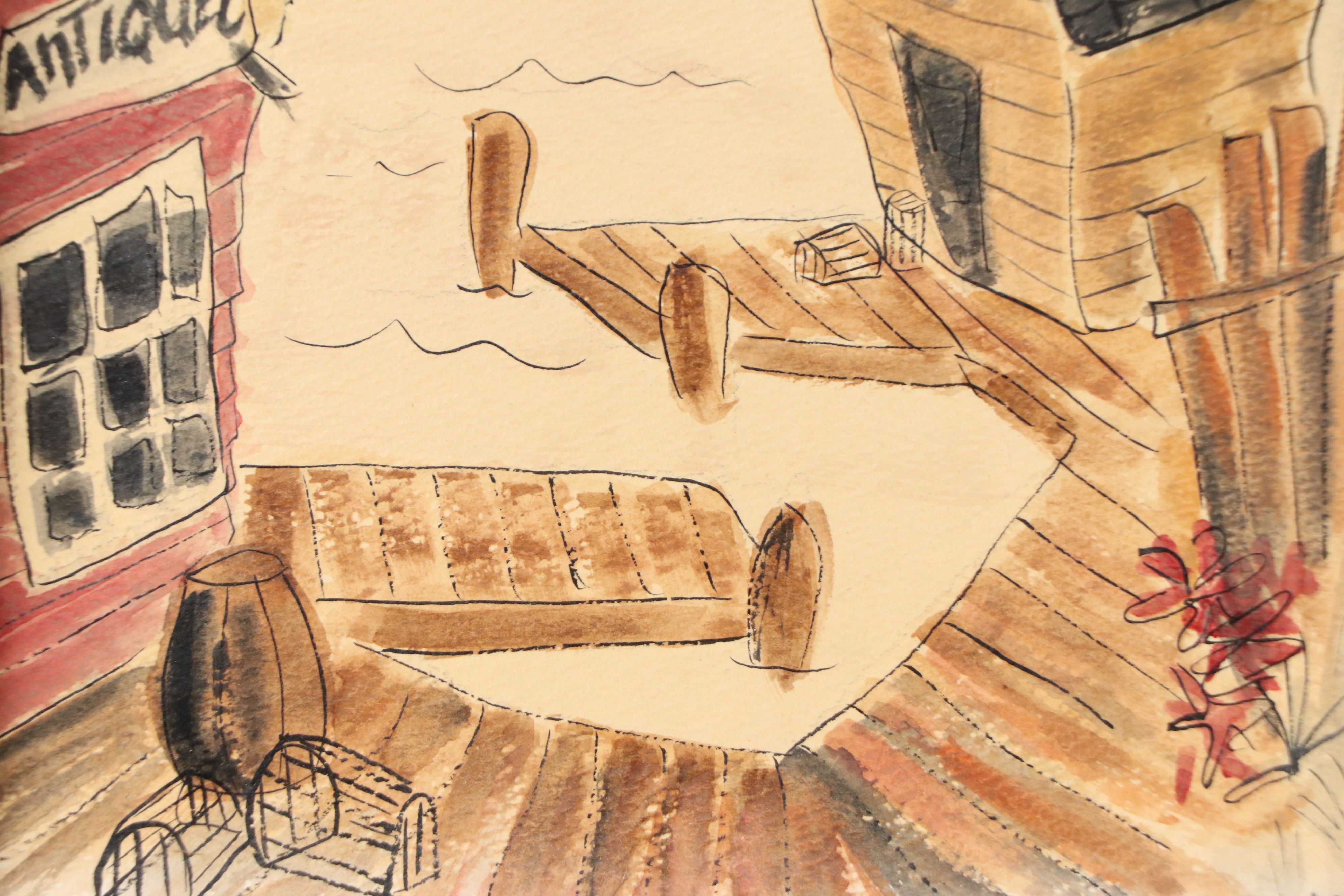 Folk Art Watercolor Painting of Dock Scene, Circa 1970