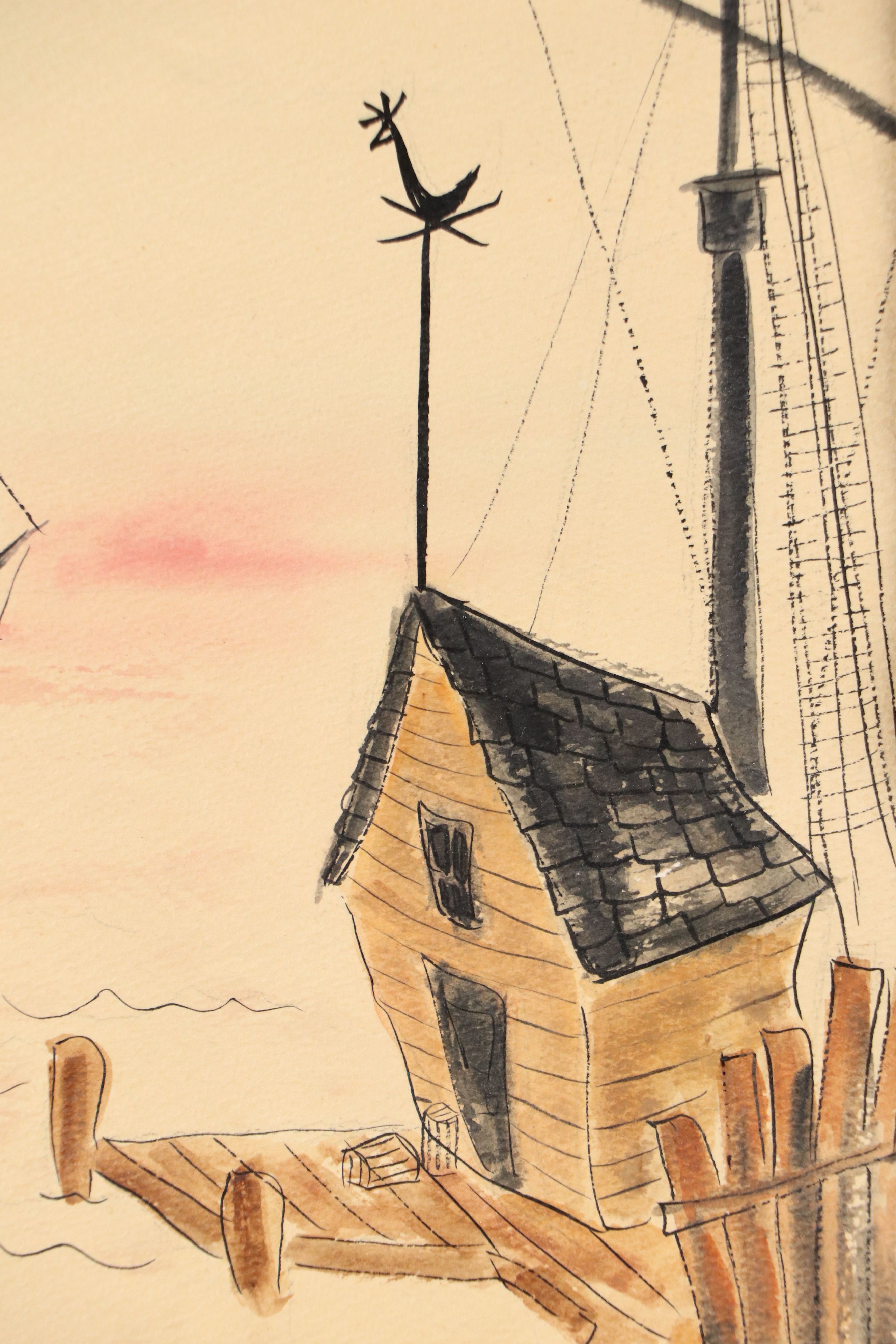 Folk Art Watercolor Painting of Dock Scene, Circa 1970