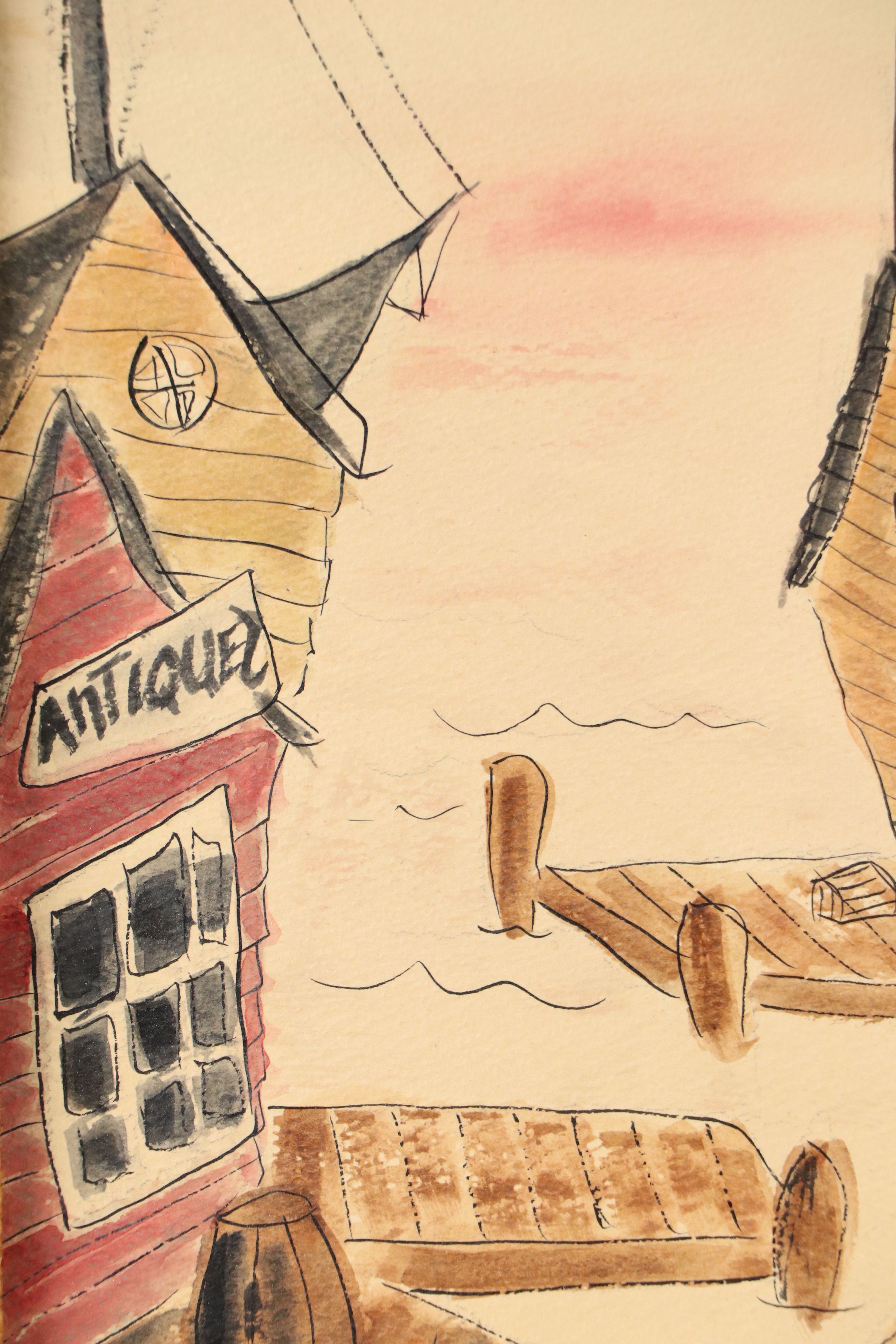 Folk Art Watercolor Painting of Dock Scene, Circa 1970