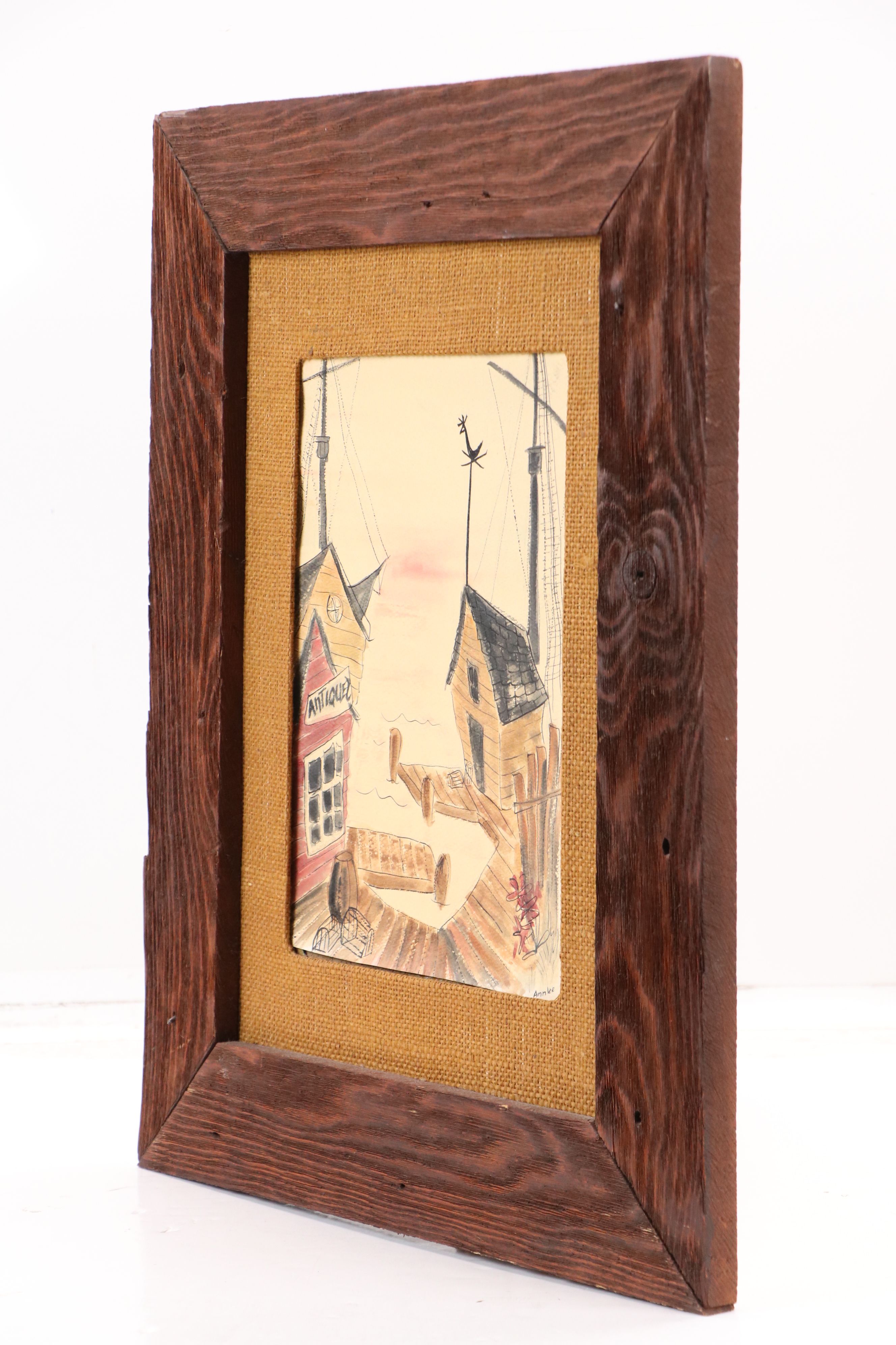 Folk Art Watercolor Painting of Dock Scene, Circa 1970