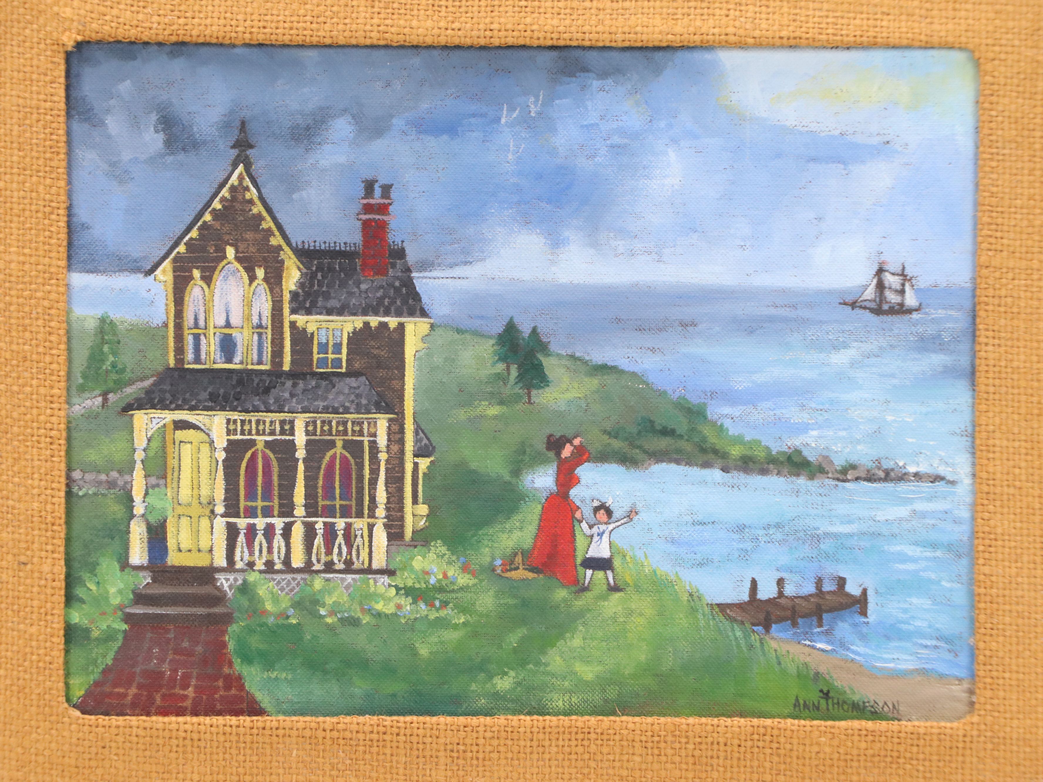 Ann Thompson Primitive Acrylic Paintings of Historical New England, 20th C.