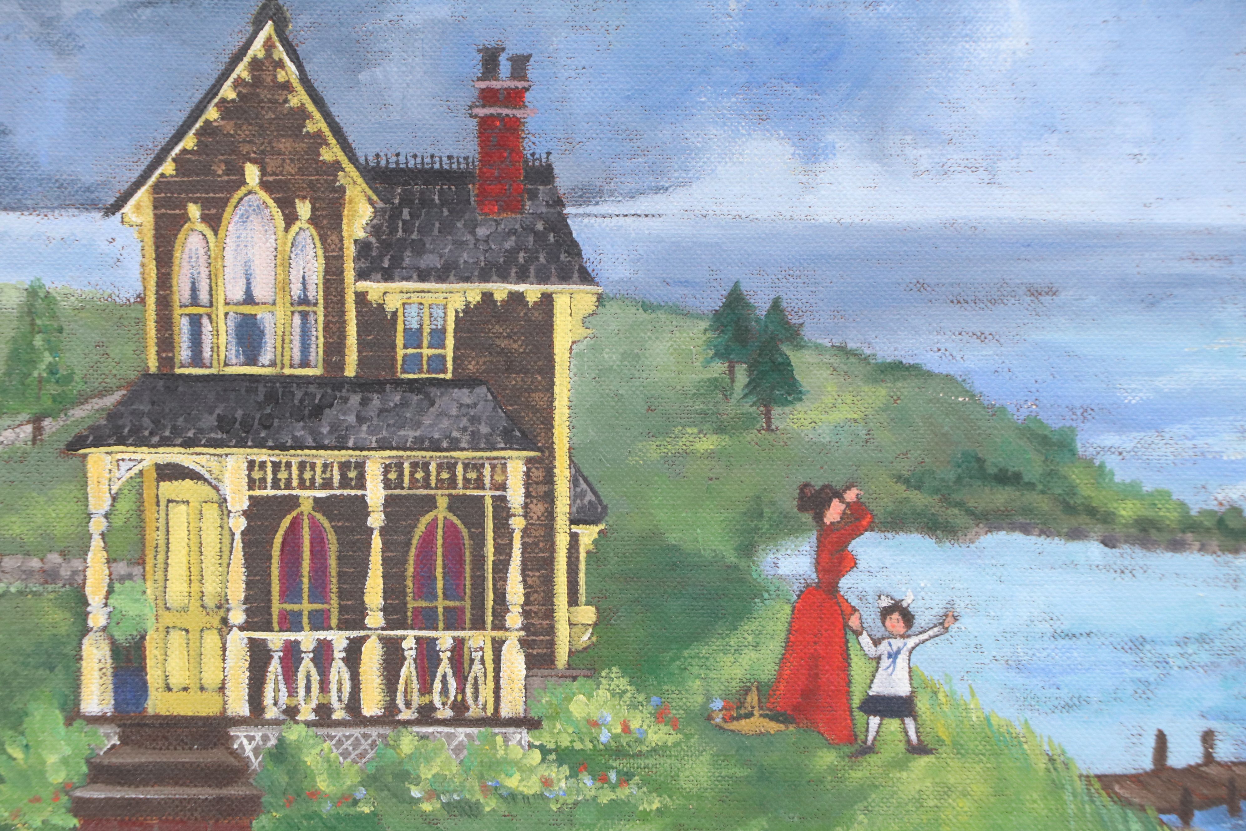 Ann Thompson Primitive Acrylic Paintings of Historical New England, 20th C.