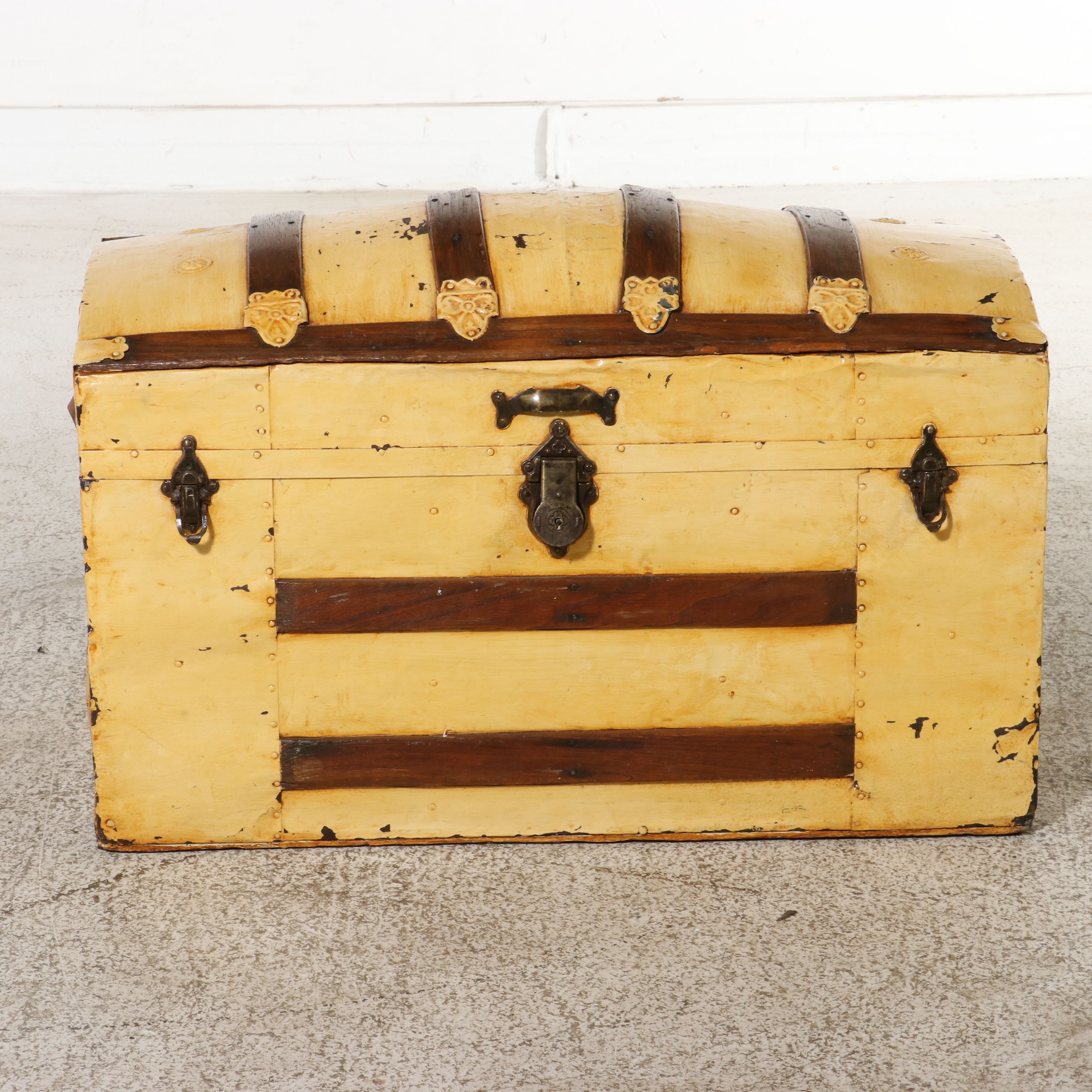 American Painted Round-Top Camelback Steamer Trunk, Late 19th Century