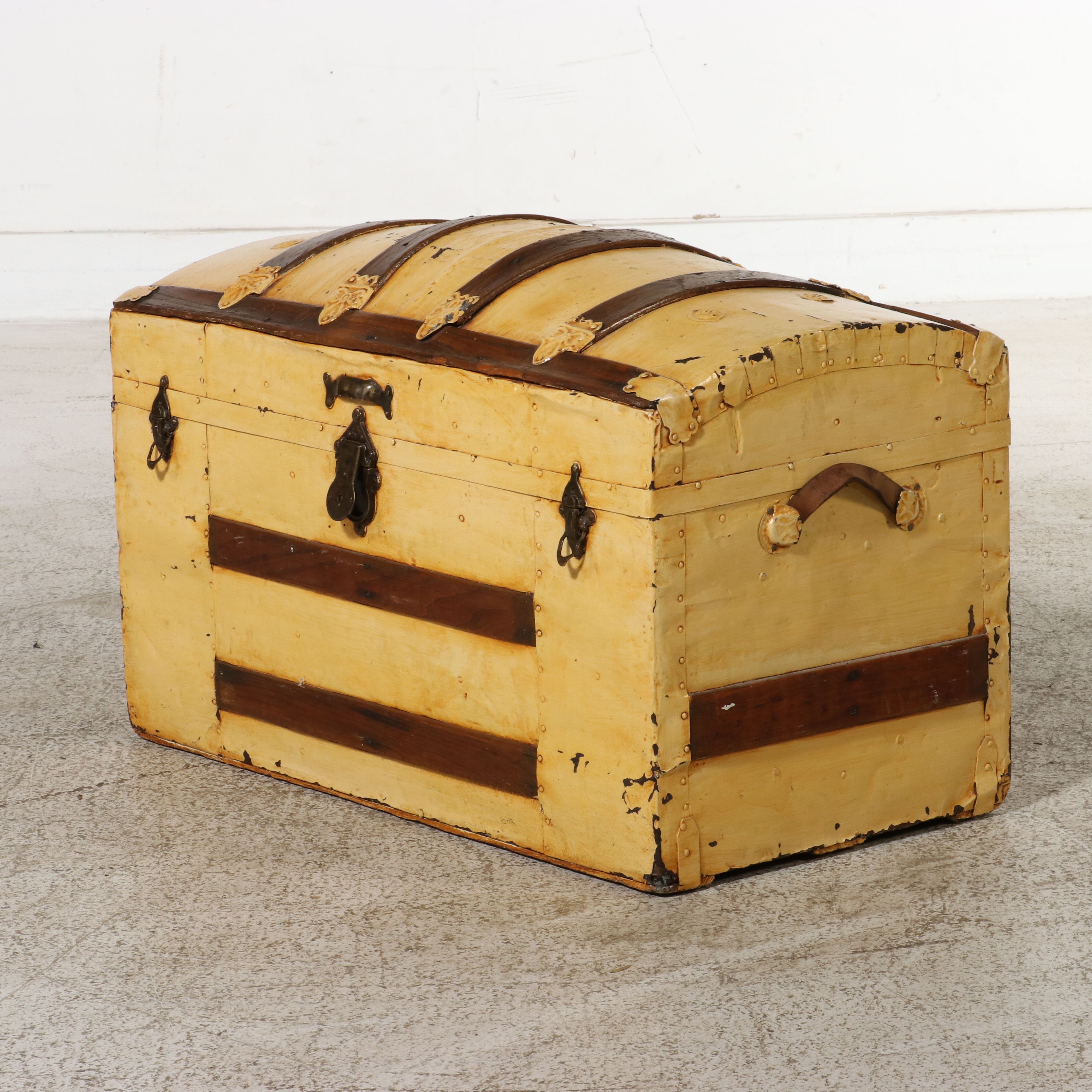 American Painted Round-Top Camelback Steamer Trunk, Late 19th Century