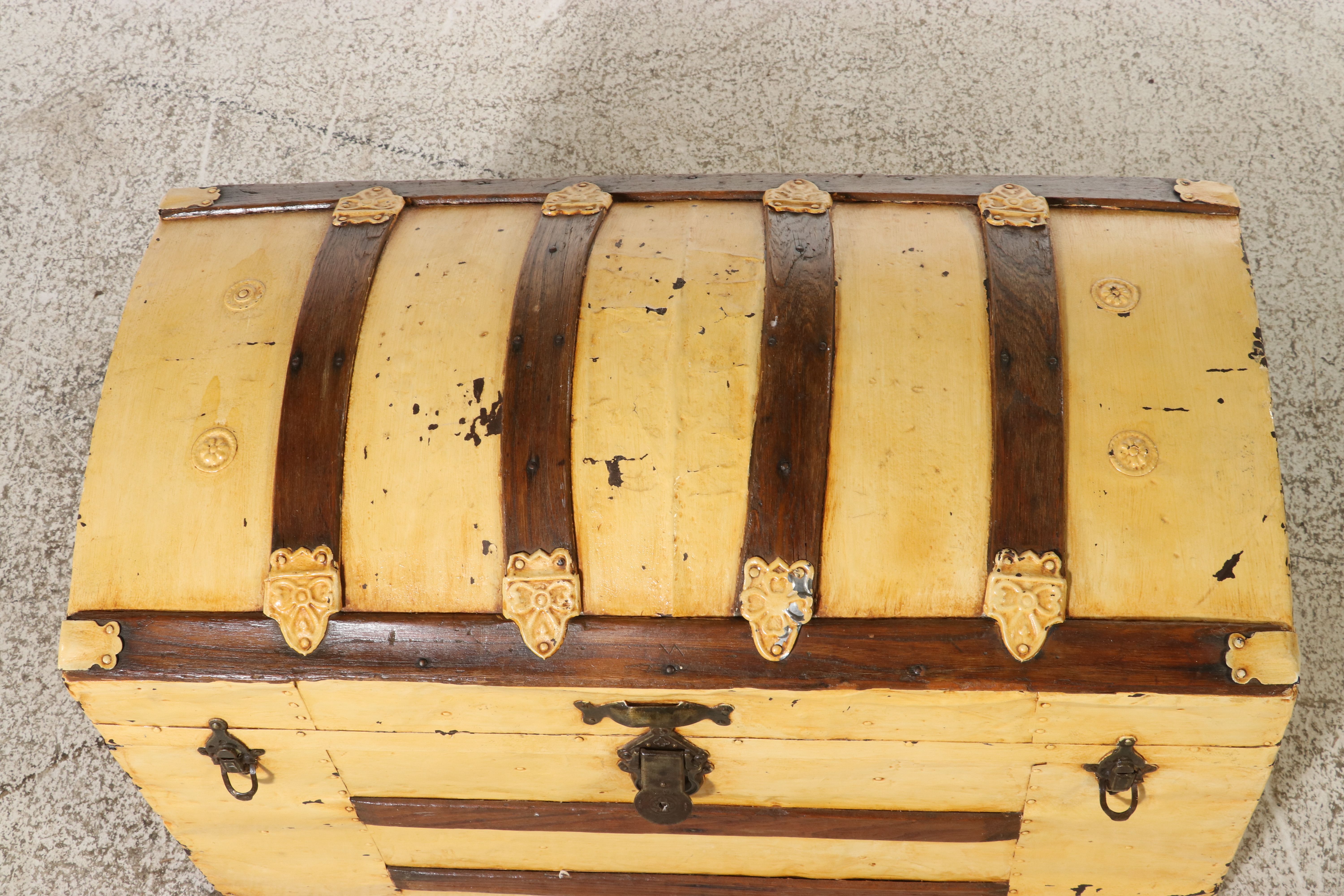 American Painted Round-Top Camelback Steamer Trunk, Late 19th Century