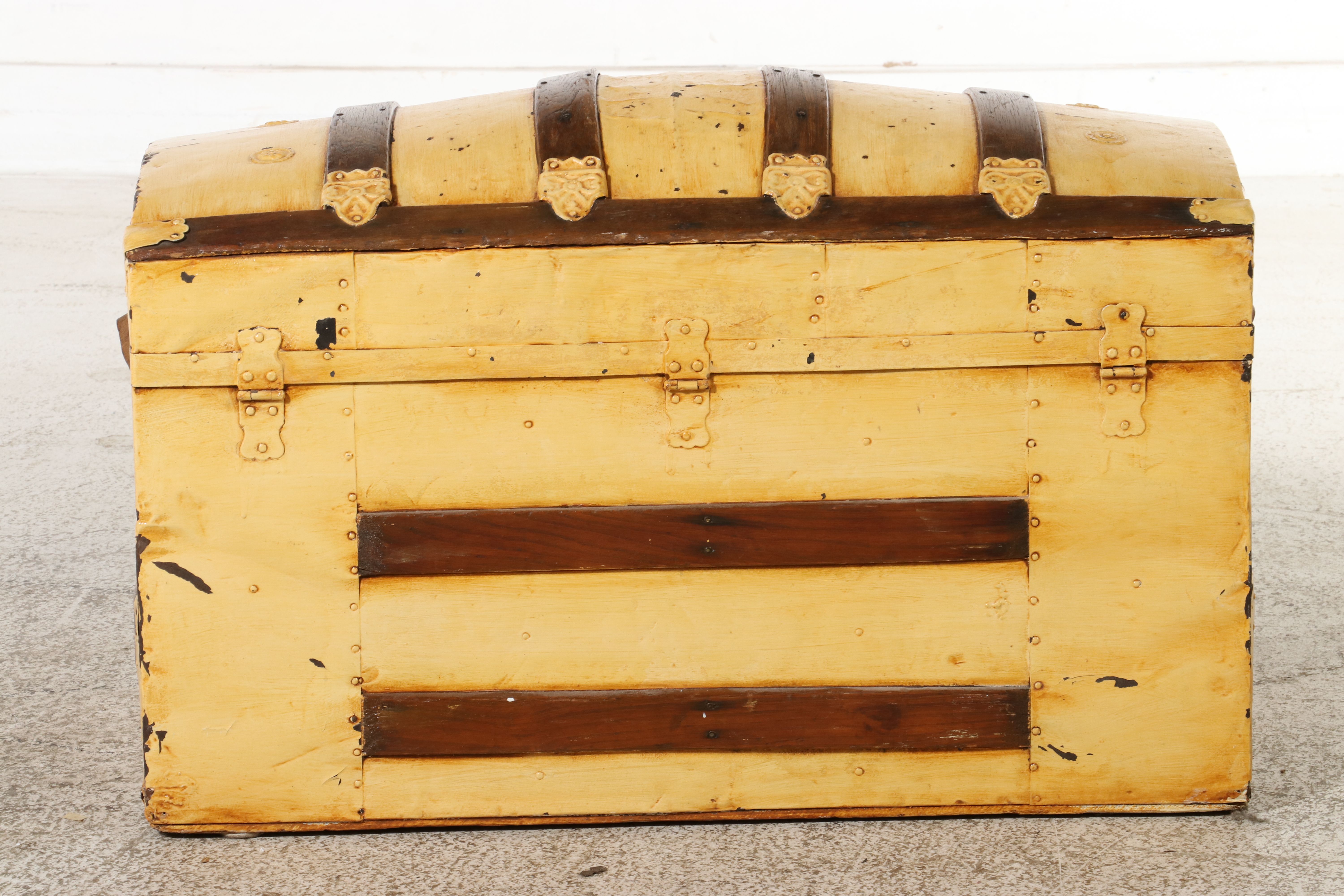 American Painted Round-Top Camelback Steamer Trunk, Late 19th Century