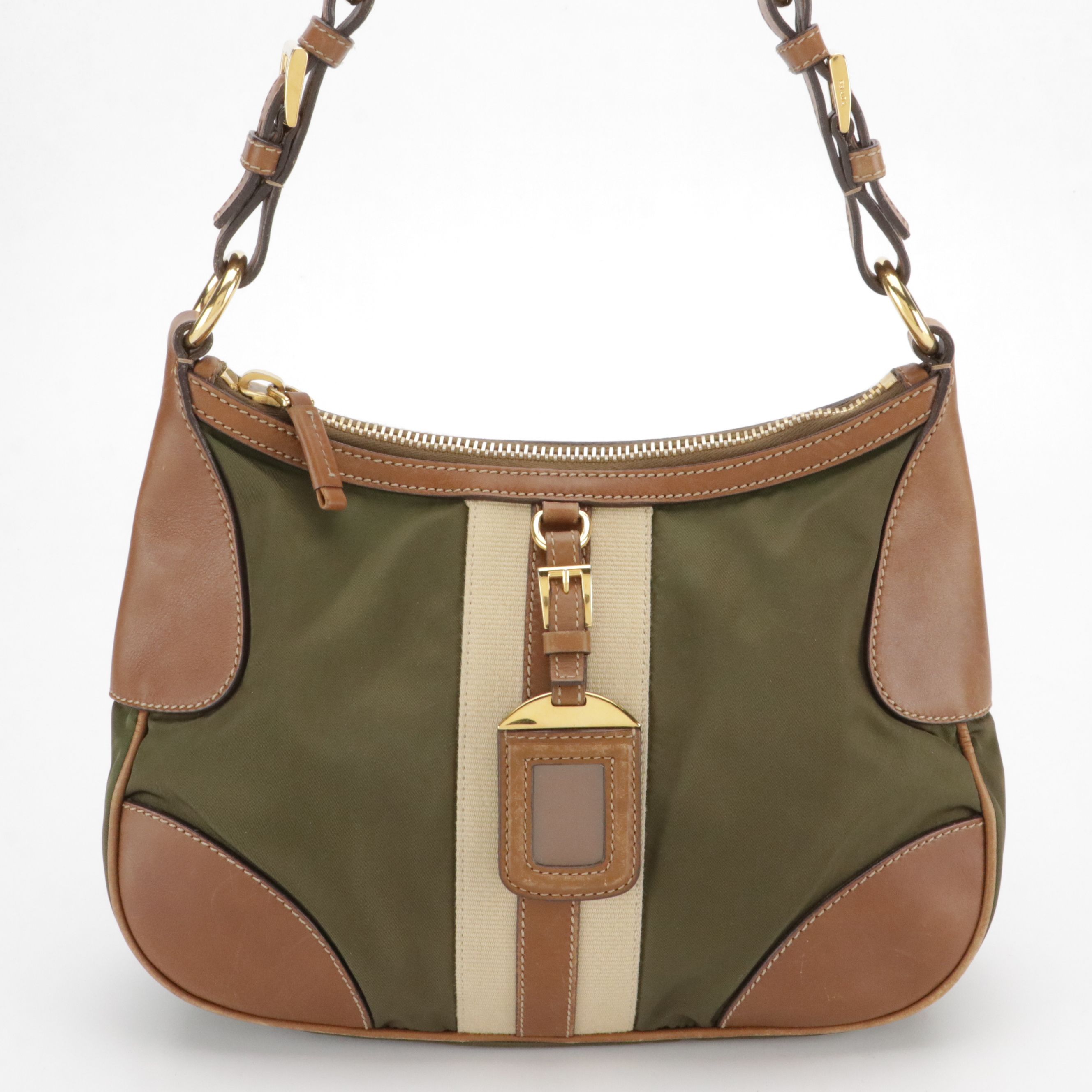 Prada Hobo Shoulder Bag in Army Green Tessuto Nylon, Leather and Jacquard Stripe
