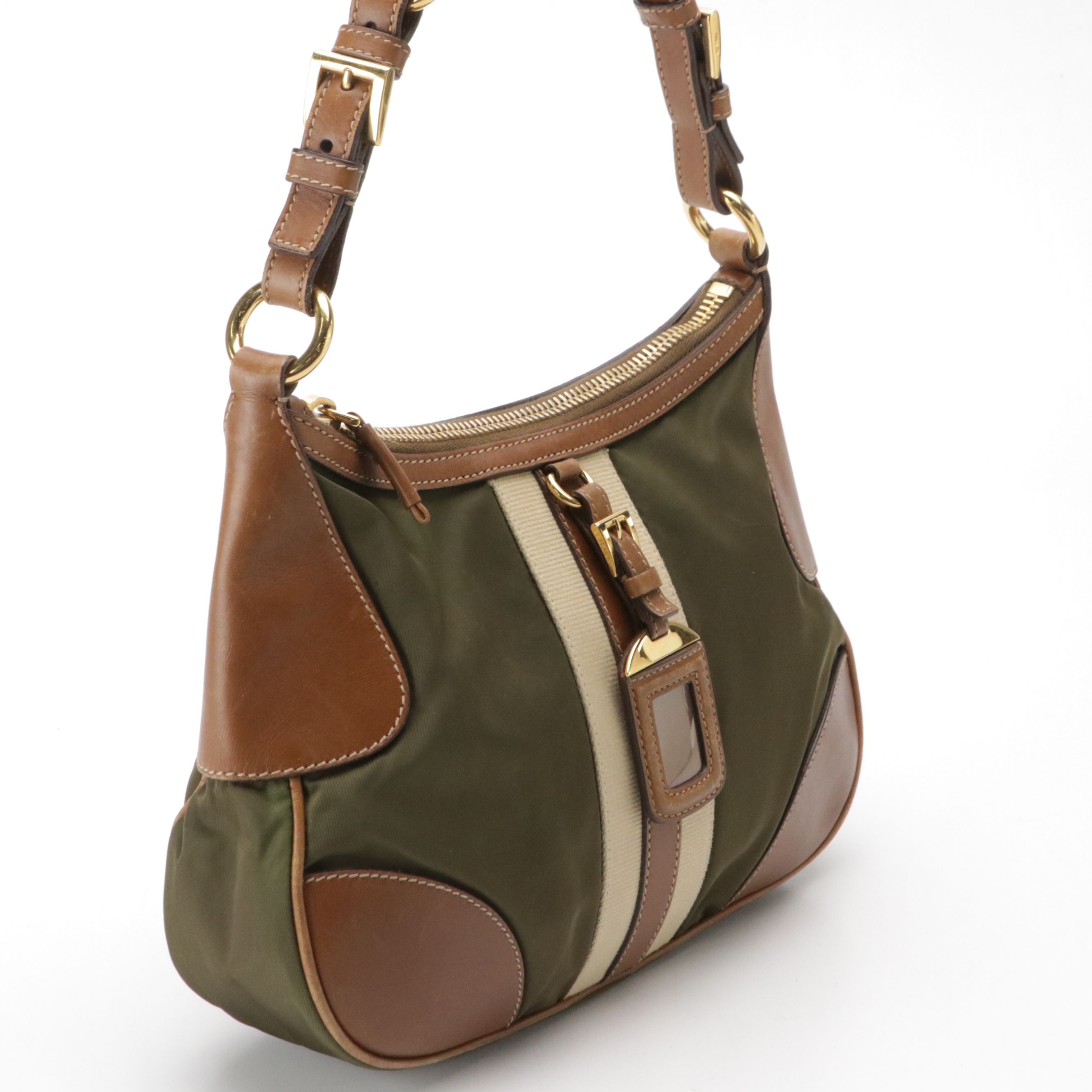 Prada Hobo Shoulder Bag in Army Green Tessuto Nylon, Leather and Jacquard Stripe