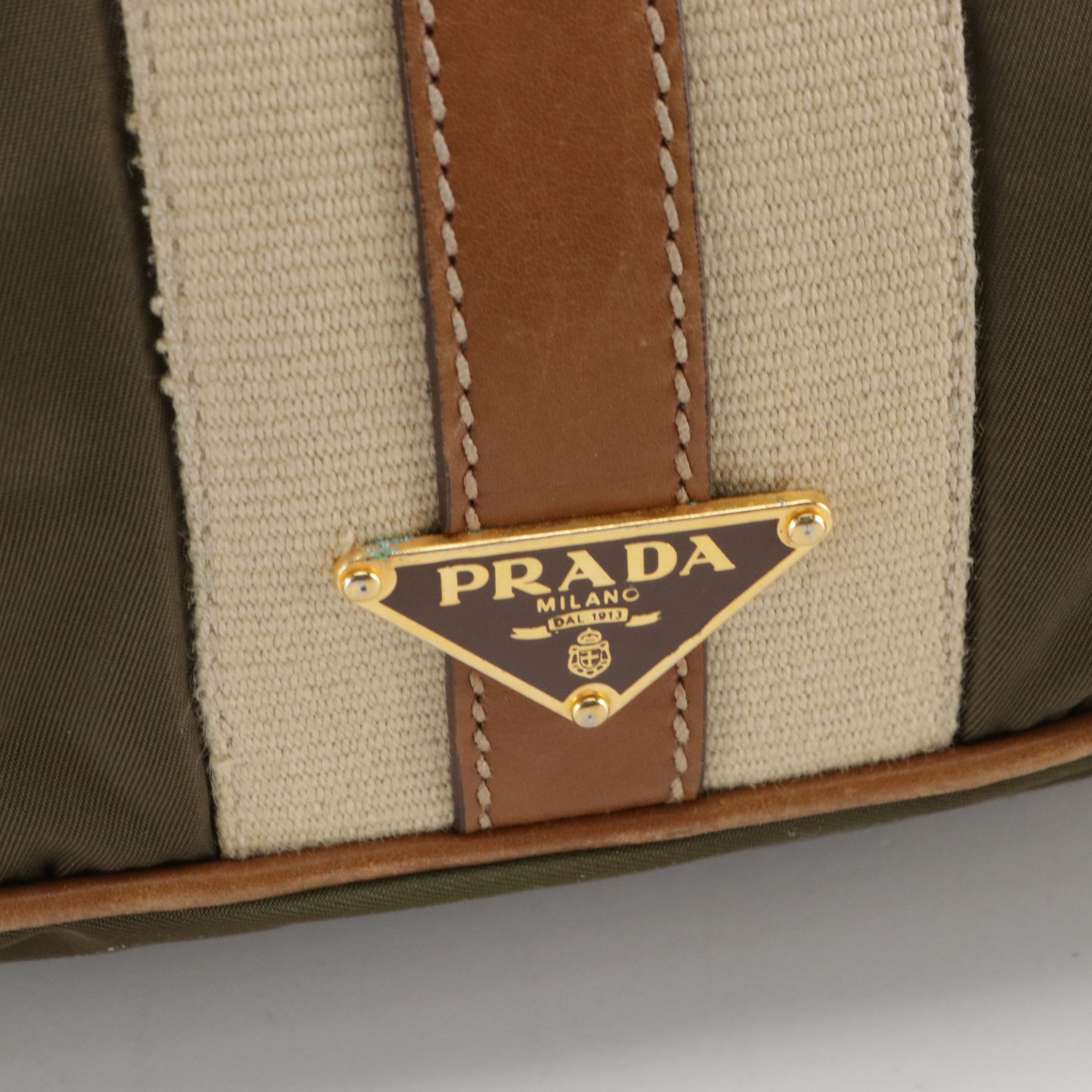 Prada Hobo Shoulder Bag in Army Green Tessuto Nylon, Leather and Jacquard Stripe
