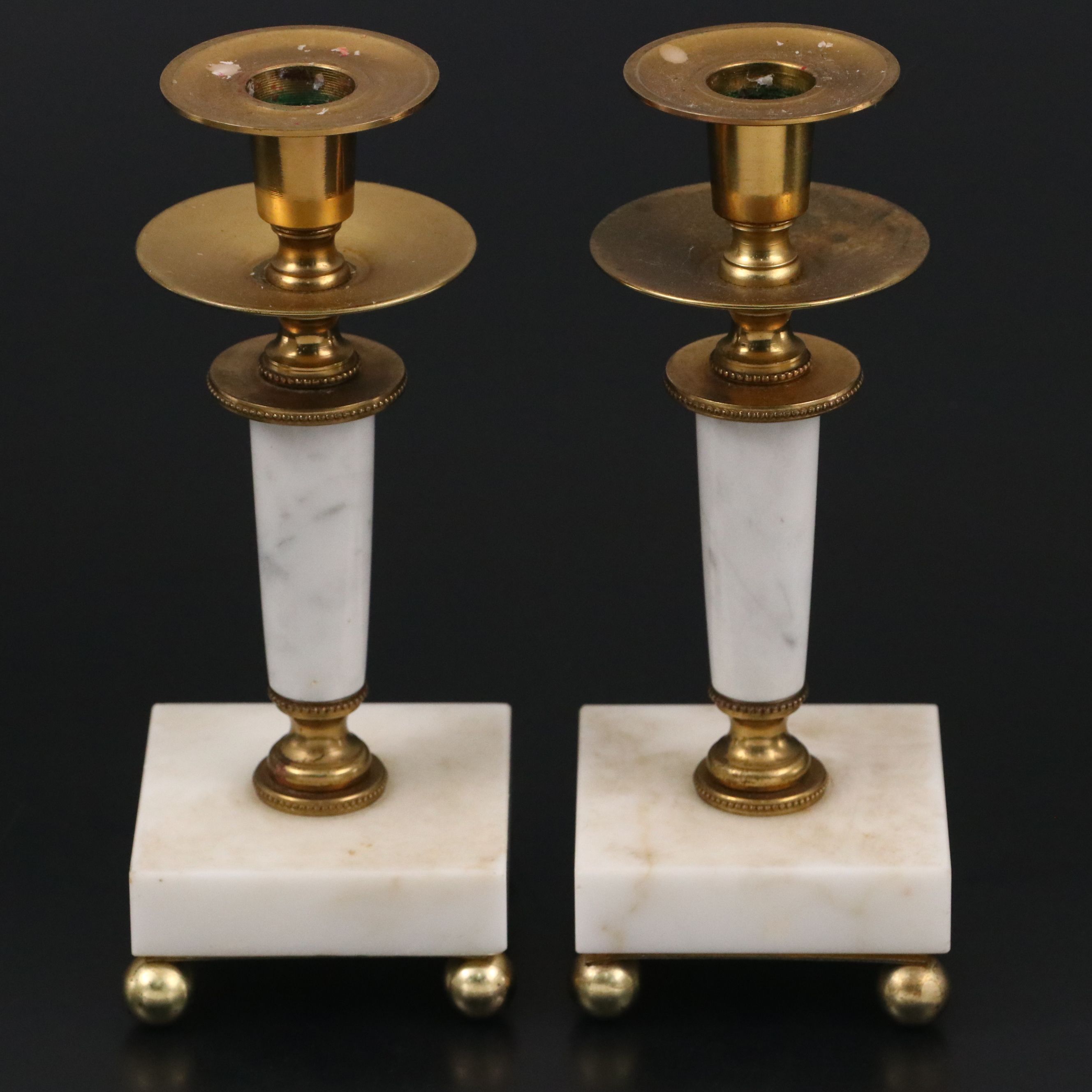 Pair of Brass and Alabaster Candlesticks