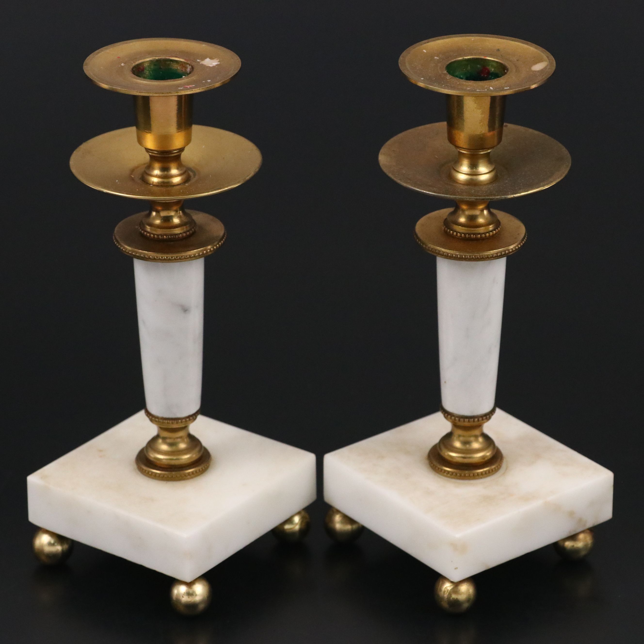 Pair of Brass and Alabaster Candlesticks