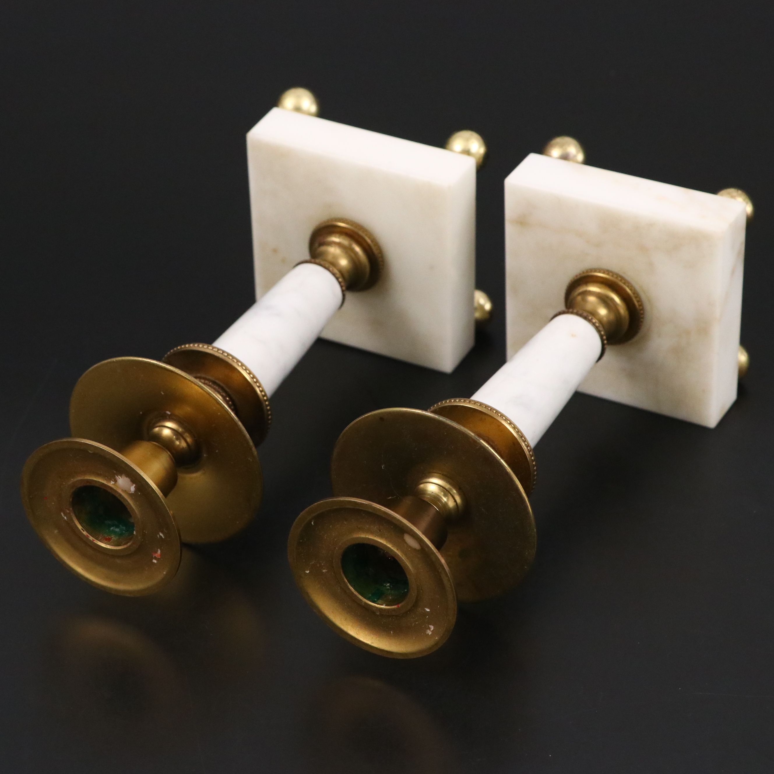 Pair of Brass and Alabaster Candlesticks