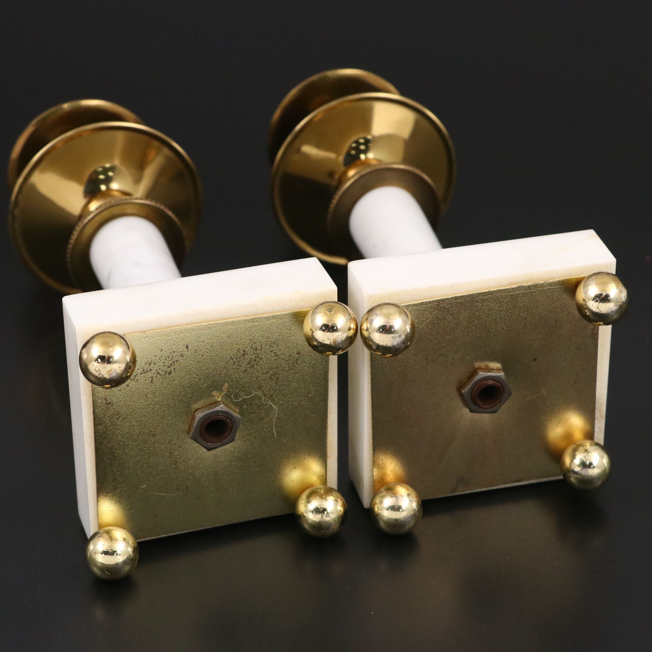 Pair of Brass and Alabaster Candlesticks