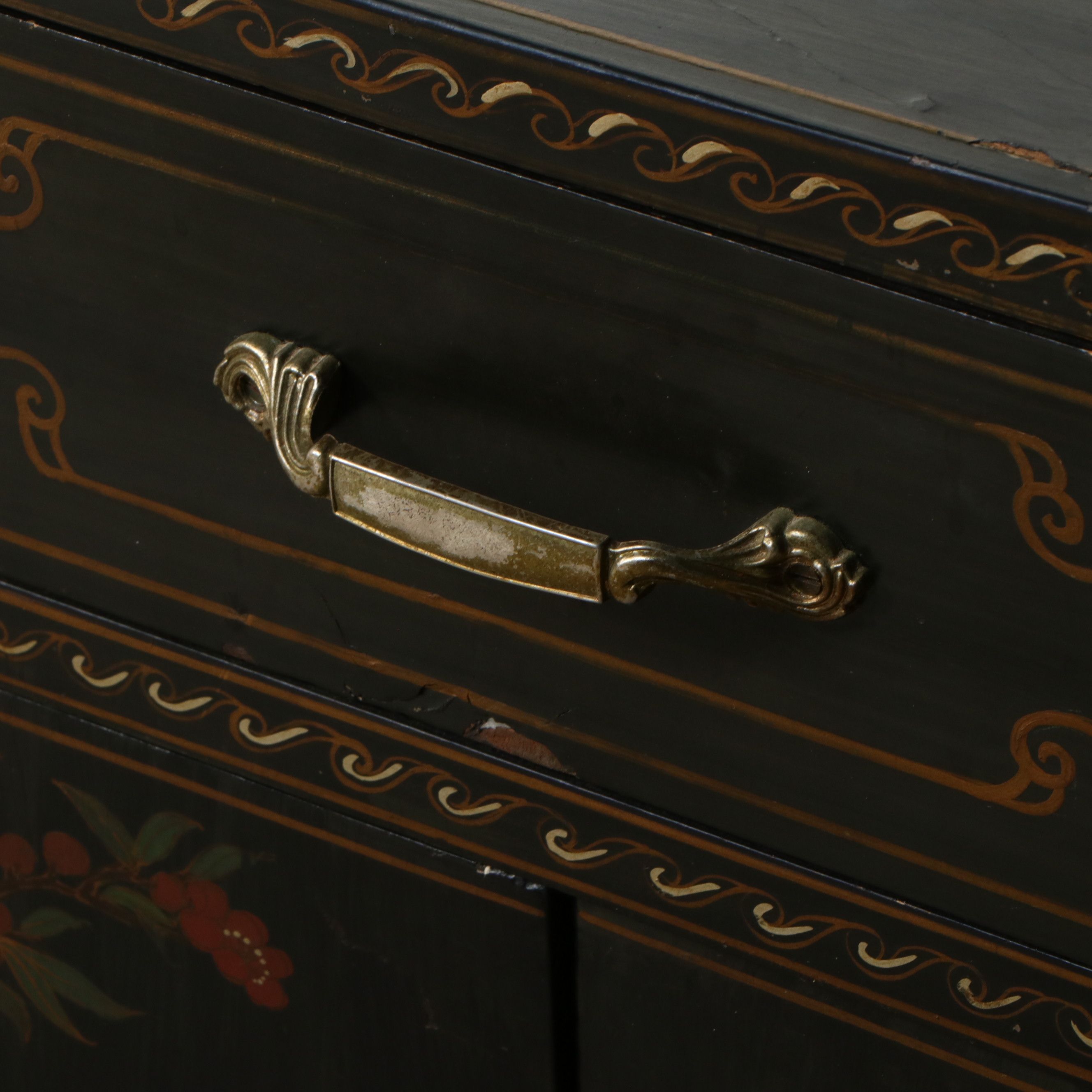 Chinese Lacquered Quince Blossoms and Birds Wood Cabinet with Brass Hardware