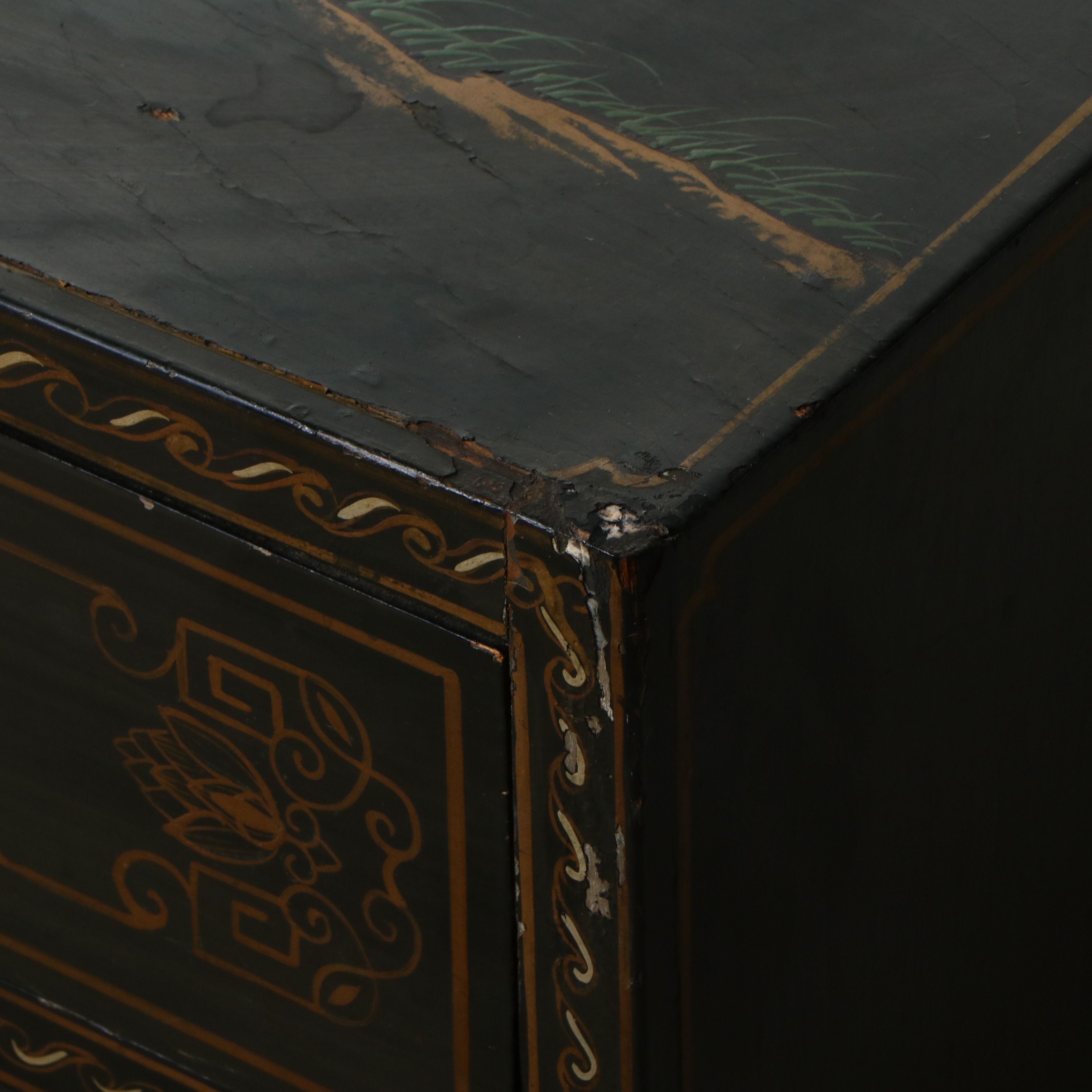 Chinese Lacquered Quince Blossoms and Birds Wood Cabinet with Brass Hardware