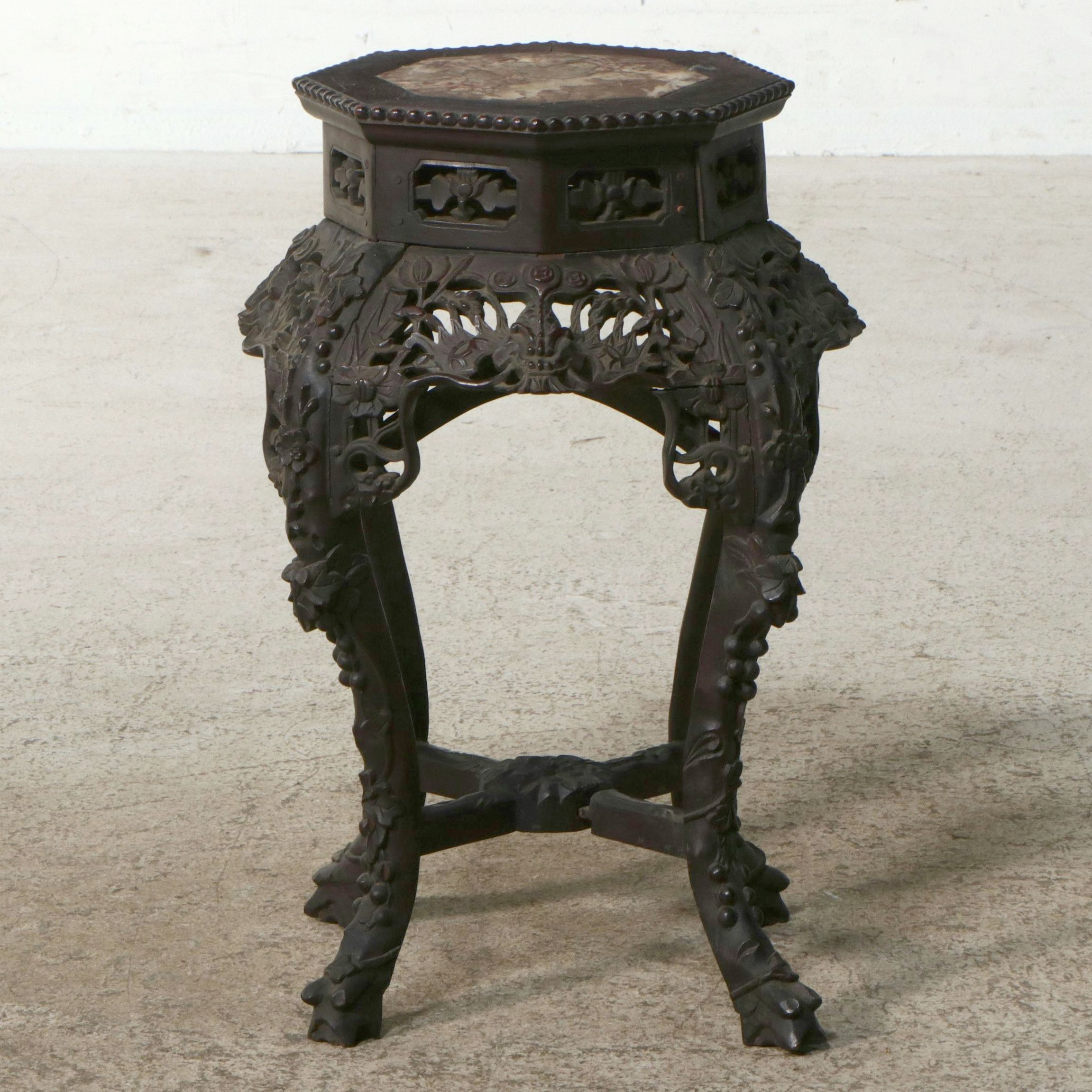 Chinese Carved Hardwood Hexagonal Pedestal Stand with Marble Inset