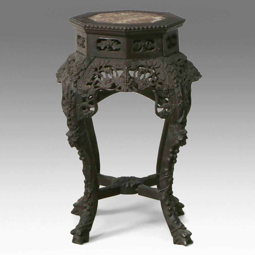 Chinese Carved Hardwood Hexagonal Pedestal Stand with Marble Inset