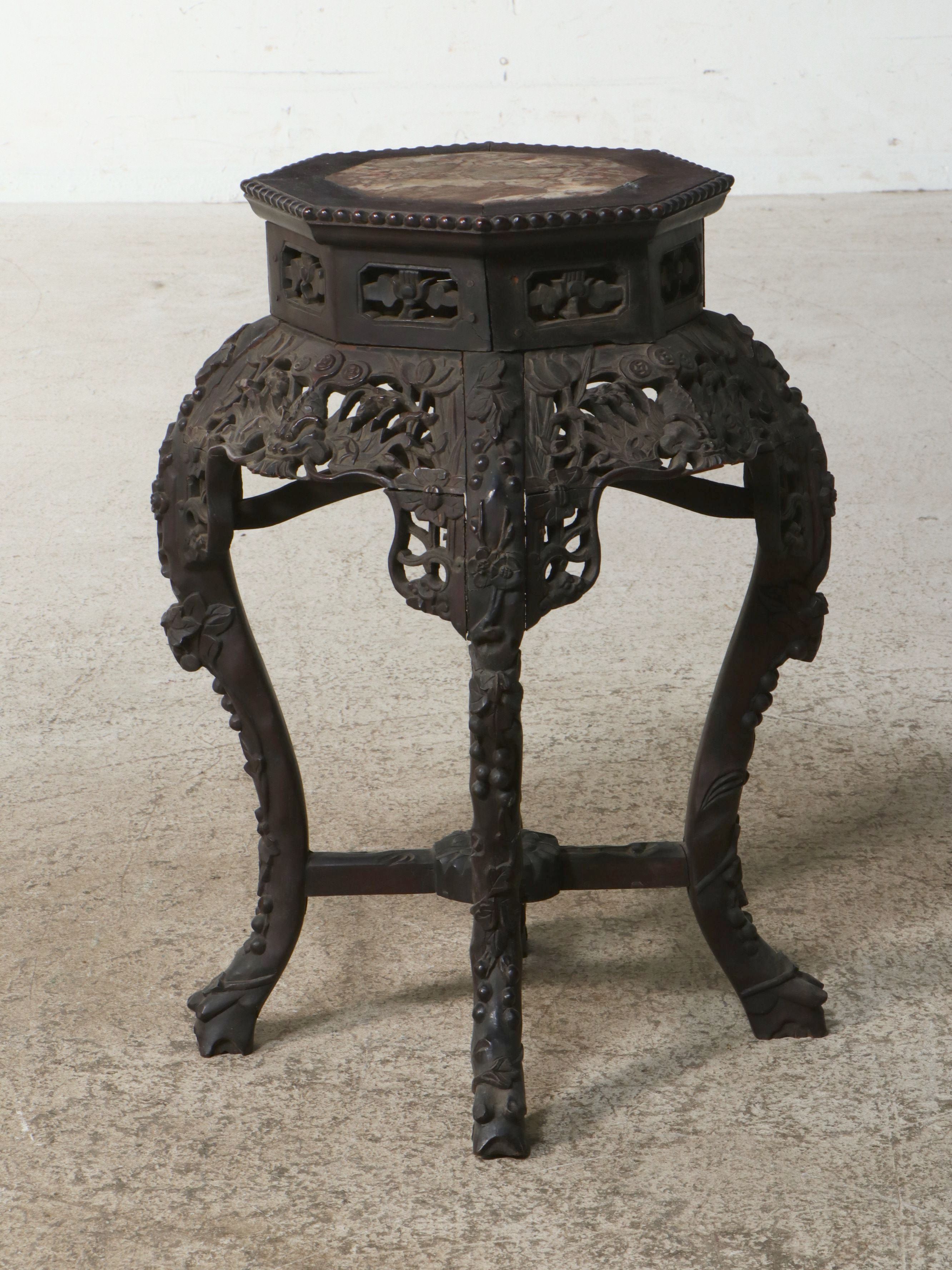 Chinese Carved Hardwood Hexagonal Pedestal Stand with Marble Inset
