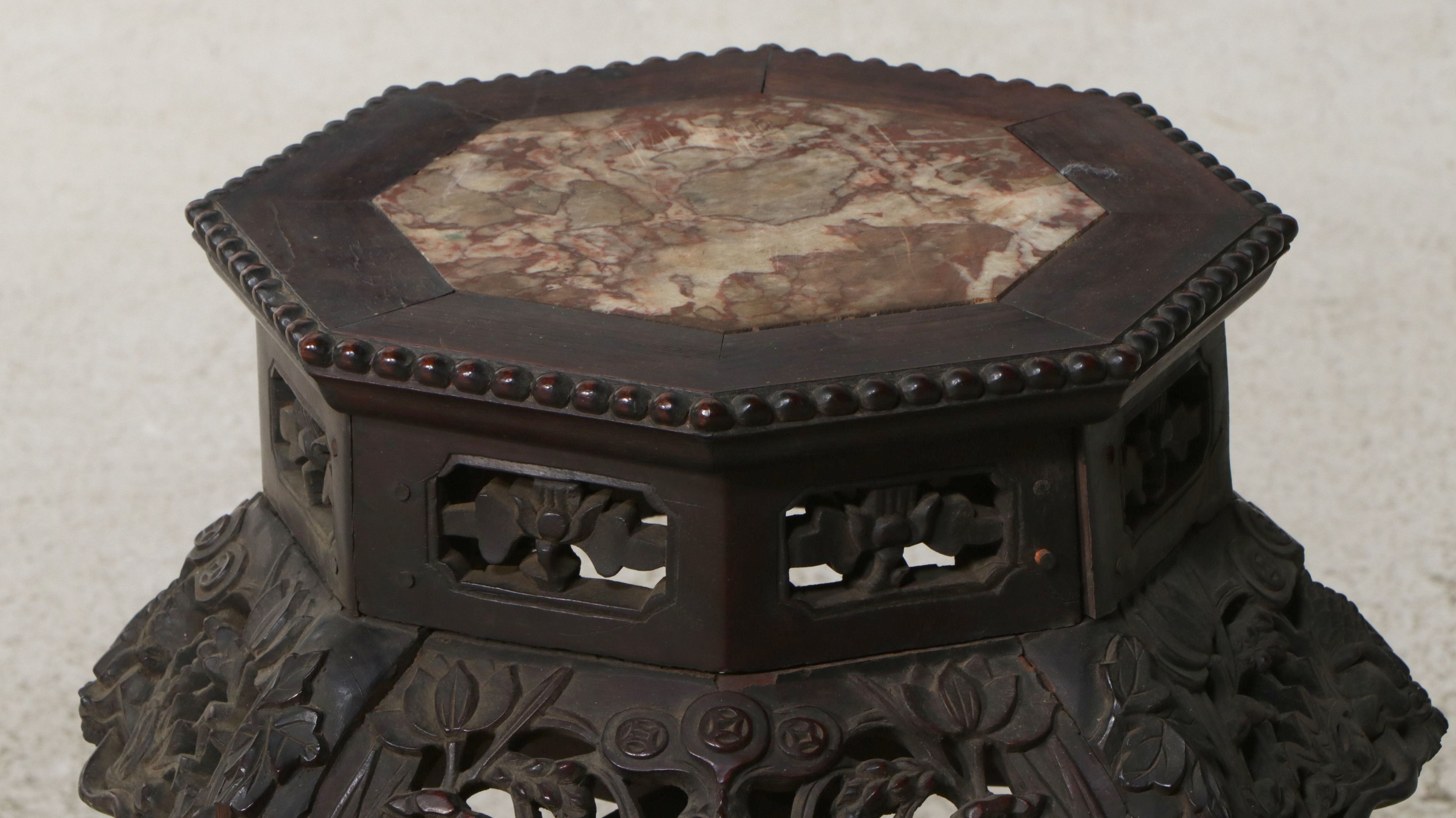 Chinese Carved Hardwood Hexagonal Pedestal Stand with Marble Inset