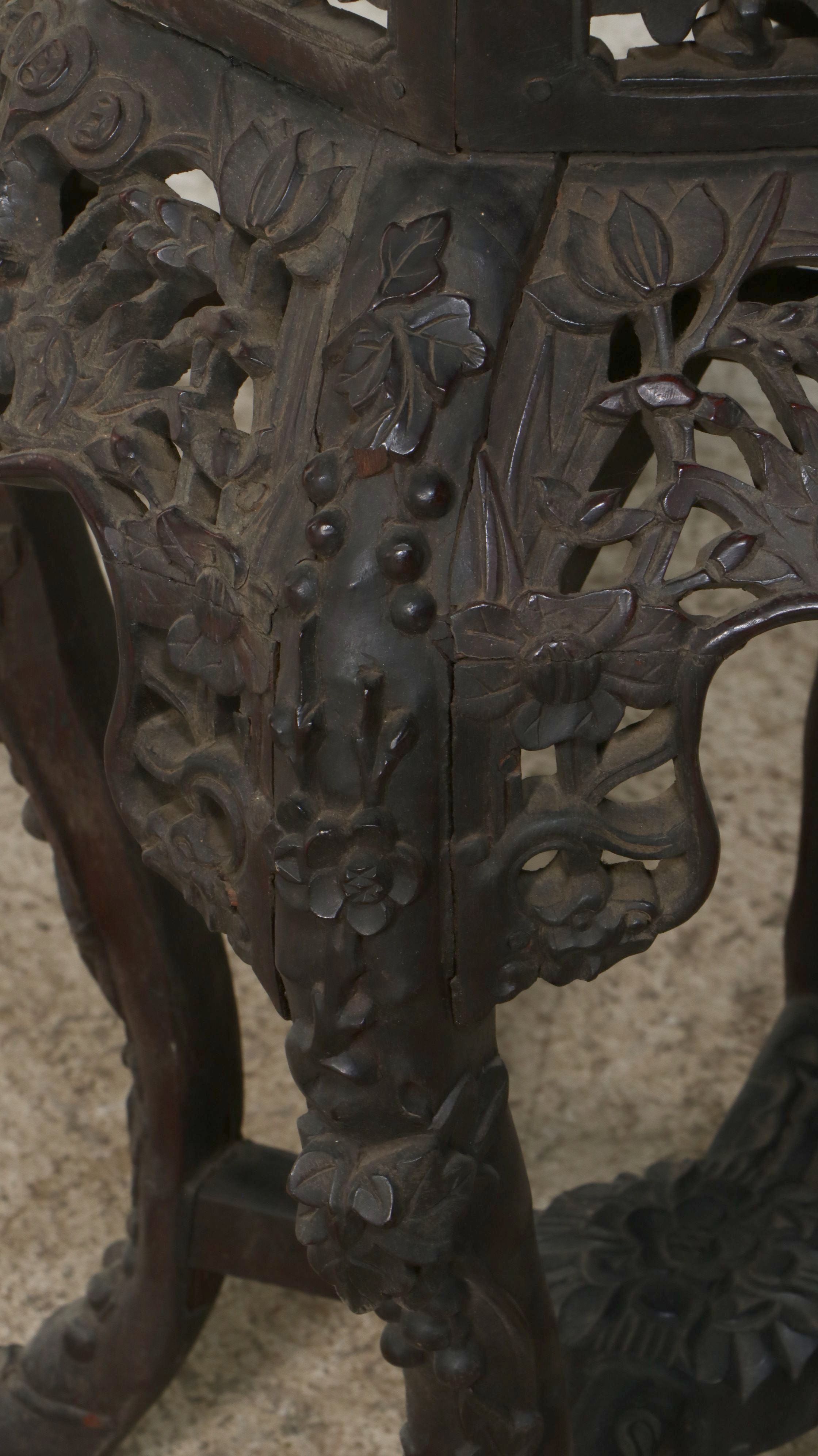 Chinese Carved Hardwood Hexagonal Pedestal Stand with Marble Inset