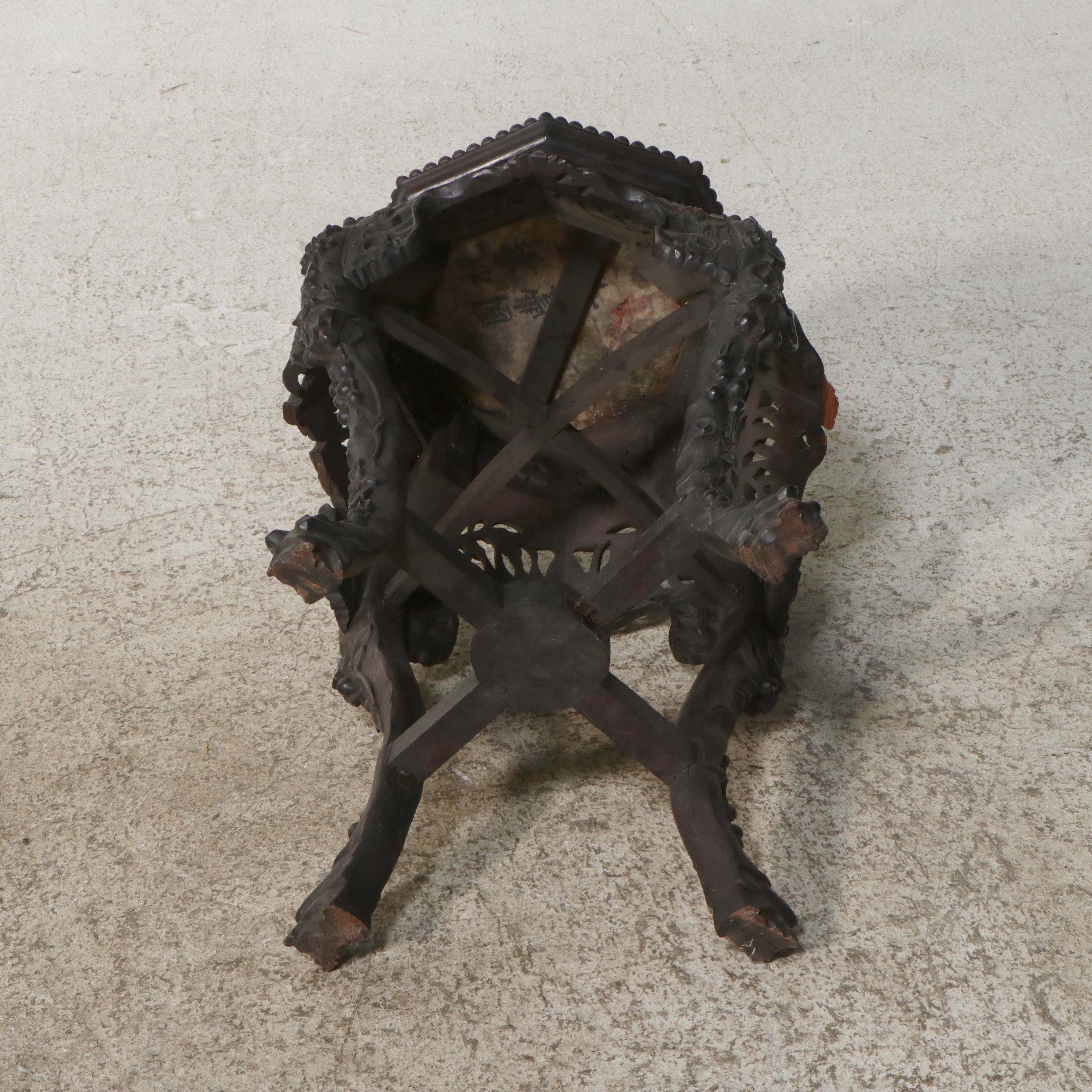 Chinese Carved Hardwood Hexagonal Pedestal Stand with Marble Inset