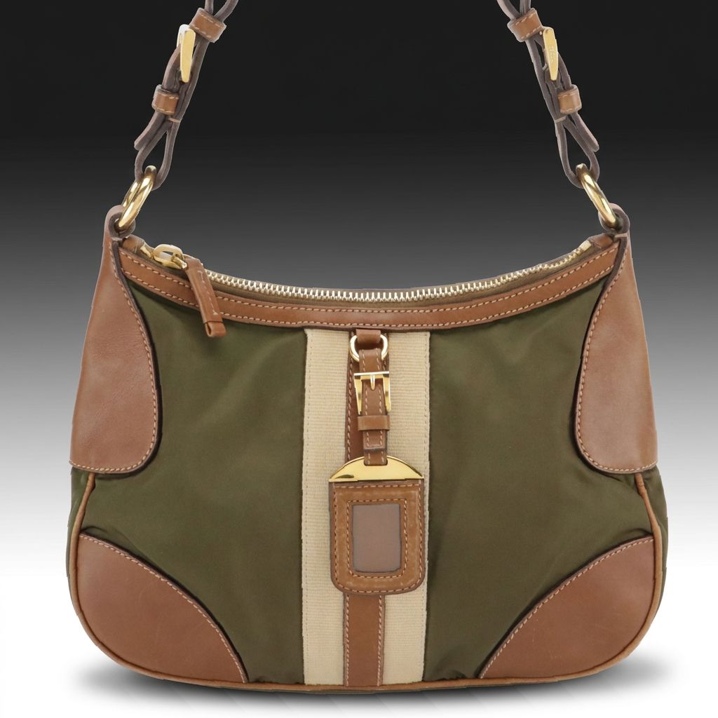 Prada Hobo Shoulder Bag in Army Green Tessuto Nylon, Leather and Jacquard Stripe
