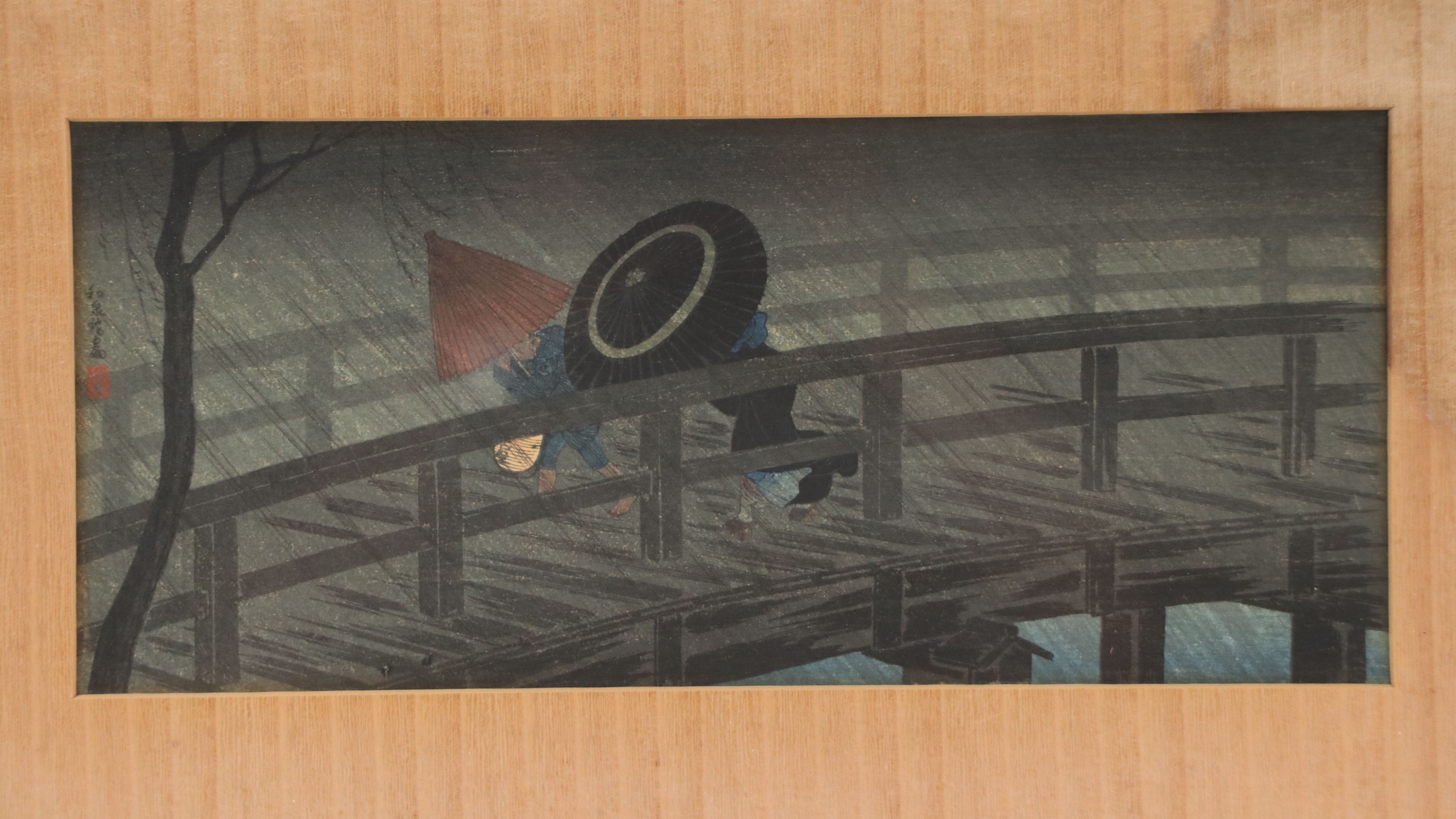 Attrib. Takahashi Shōtei Shin Hanga Woodblock "Rain on Izumi Bridge," Circa 1930