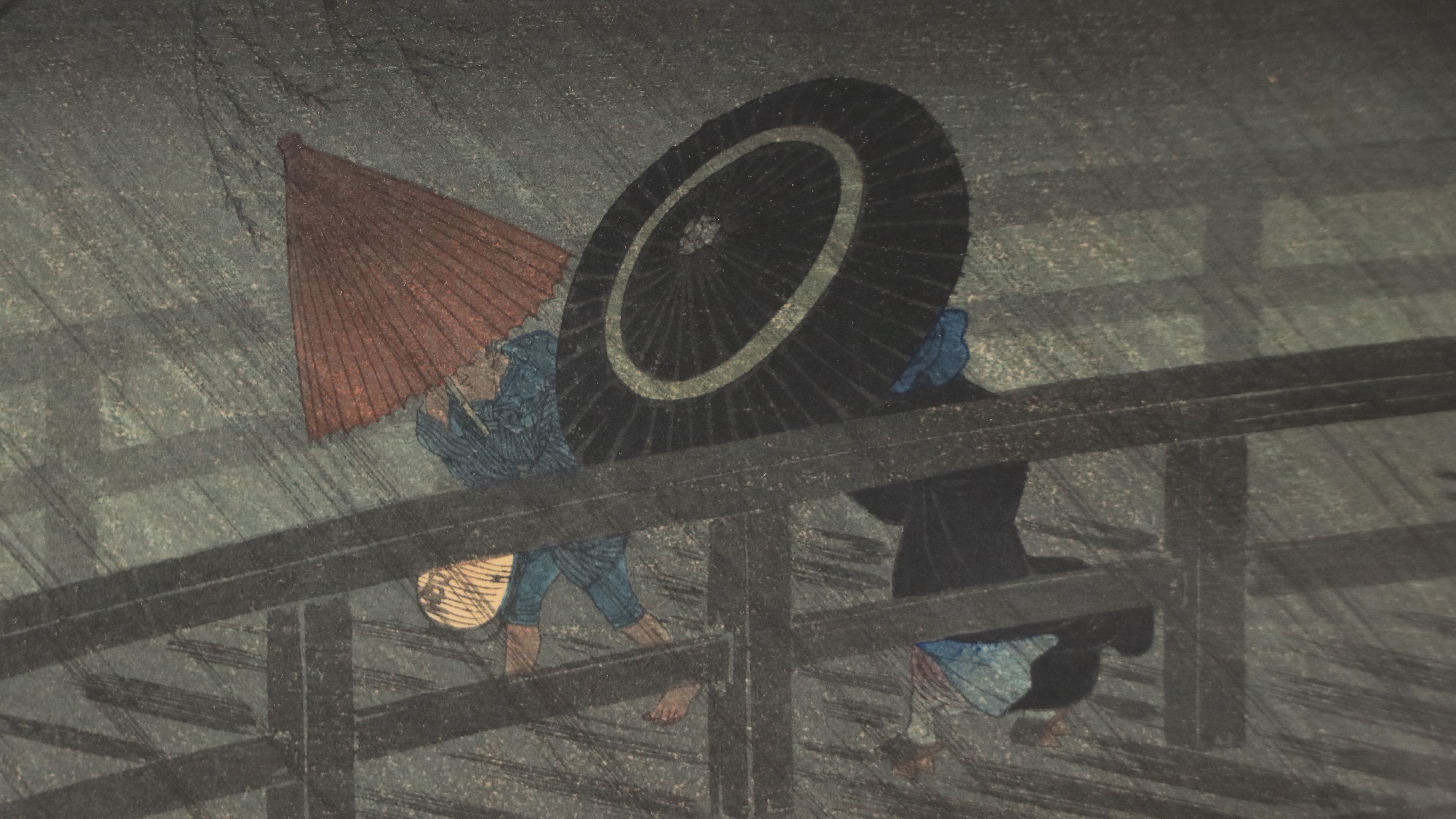 Attrib. Takahashi Shōtei Shin Hanga Woodblock "Rain on Izumi Bridge," Circa 1930