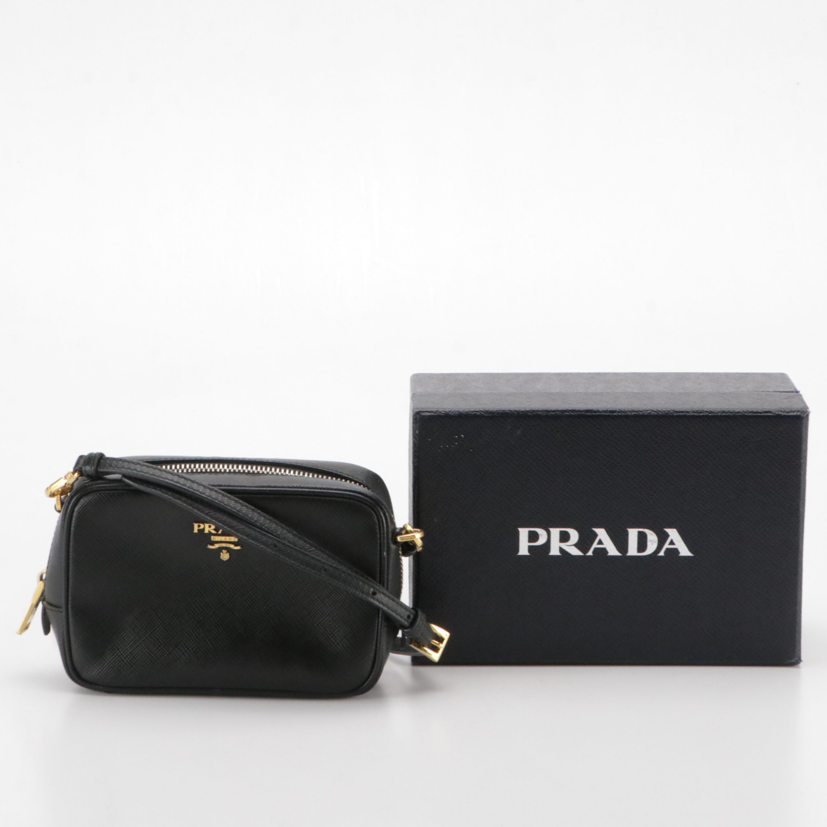 Prada Mini Crossbody Camera Bag in Black Saffiano Leather, With Box