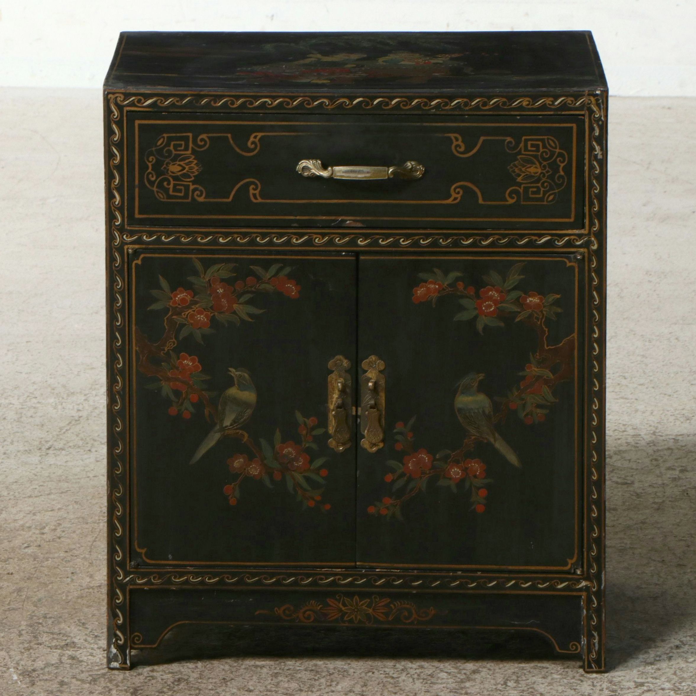 Chinese Lacquered Quince Blossoms and Birds Wood Cabinet with Brass Hardware