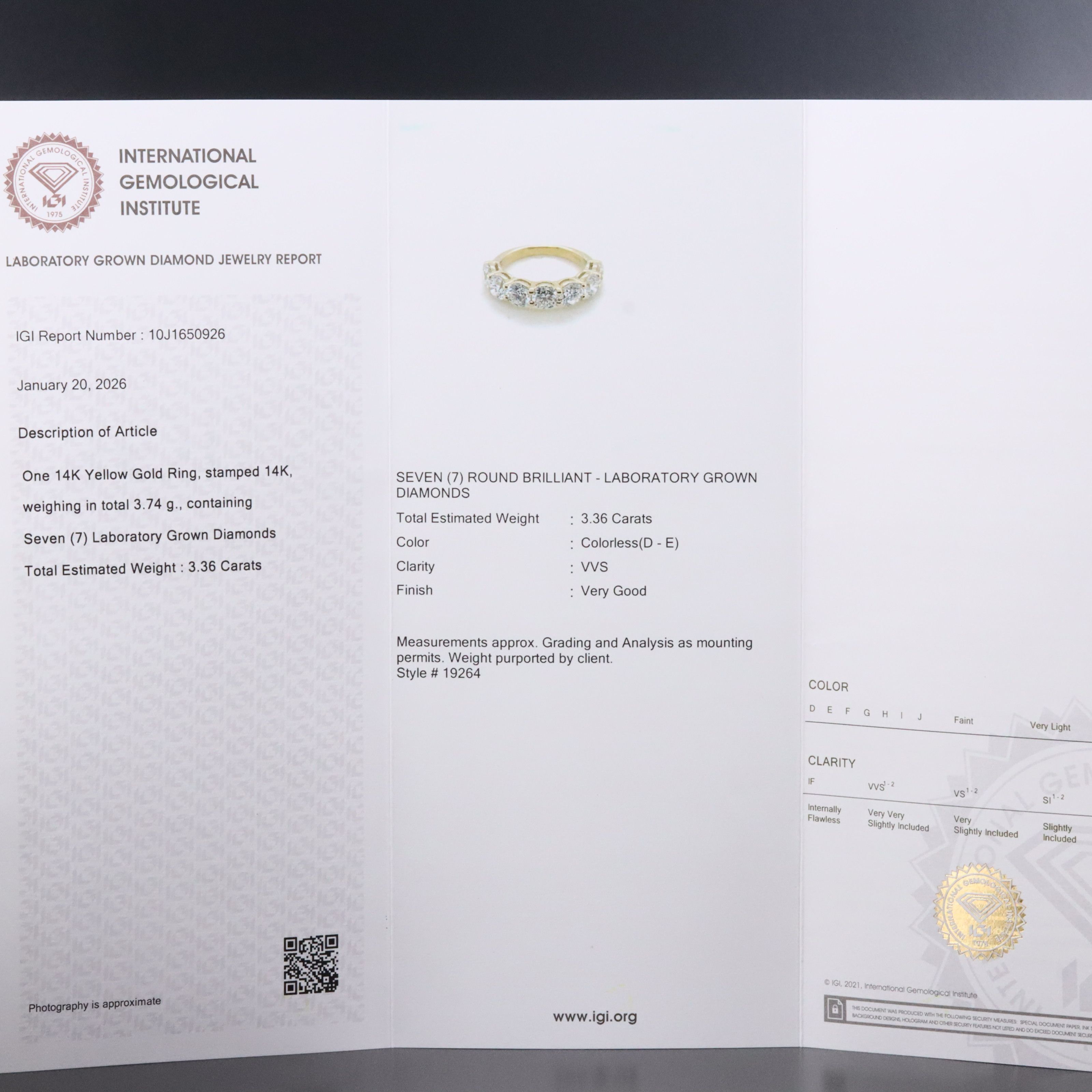 14K 3.36 CTW Lab Grown Diamond Ring with IGI Jewelry Report