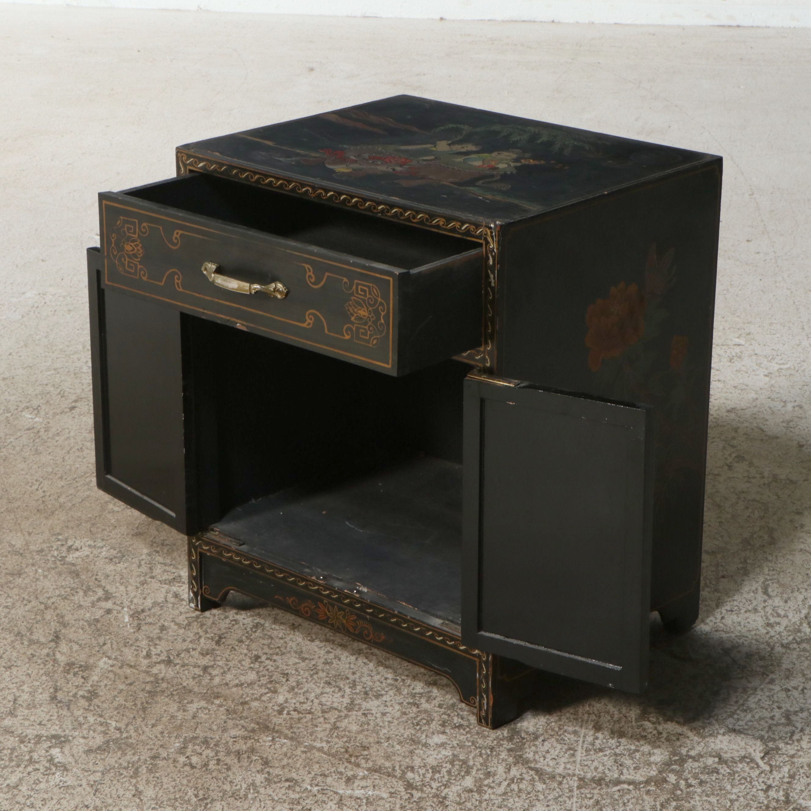 Chinese Lacquered Quince Blossoms and Birds Wood Cabinet with Brass Hardware