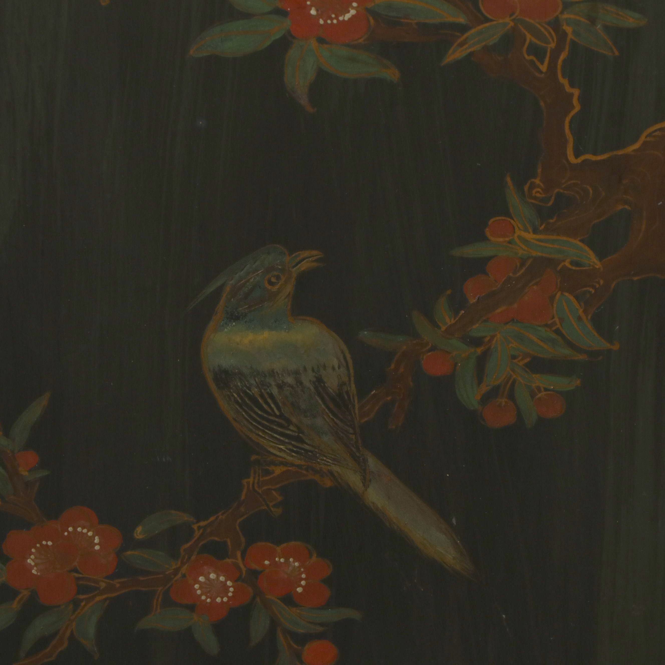 Chinese Lacquered Quince Blossoms and Birds Wood Cabinet with Brass Hardware