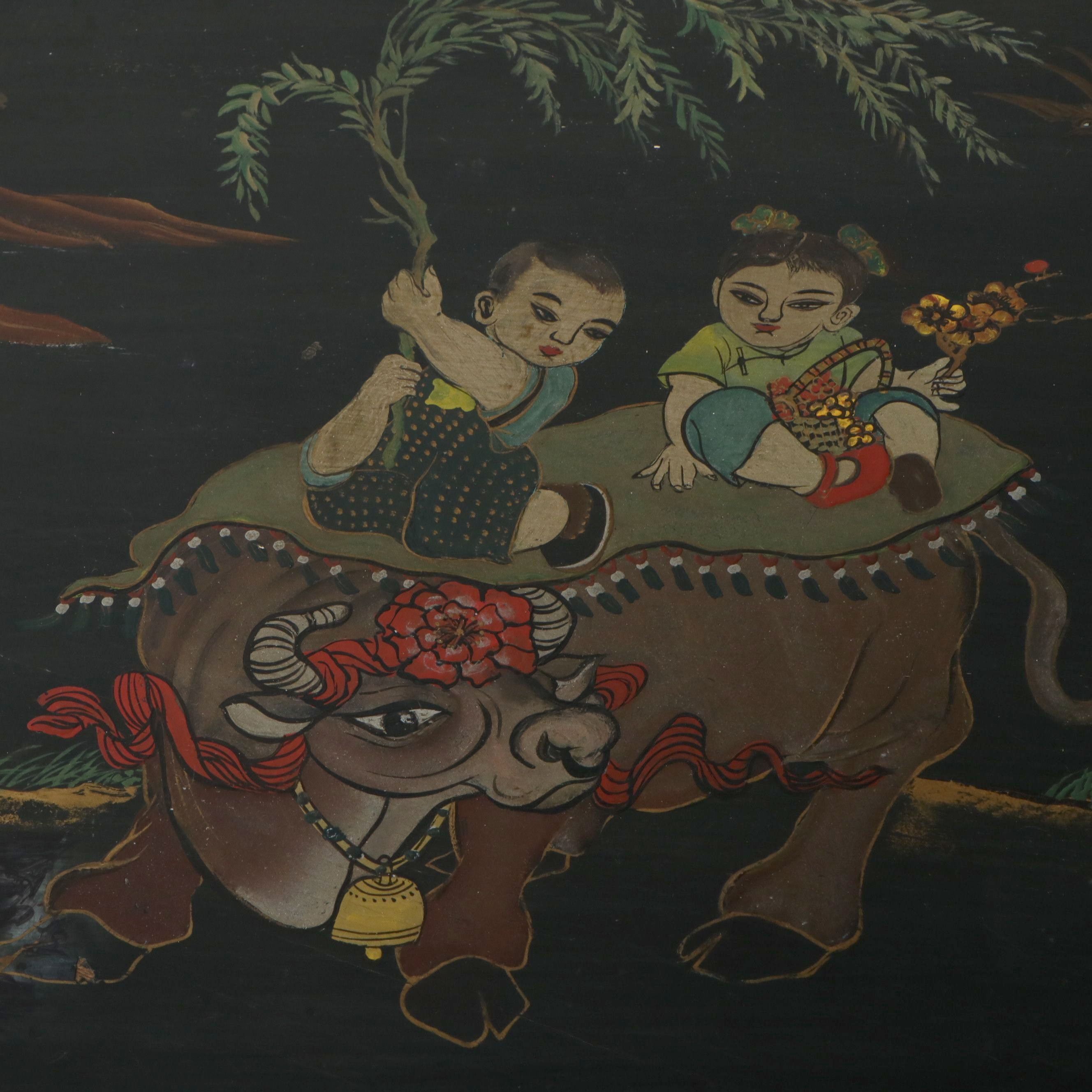 Chinese Lacquered Quince Blossoms and Birds Wood Cabinet with Brass Hardware