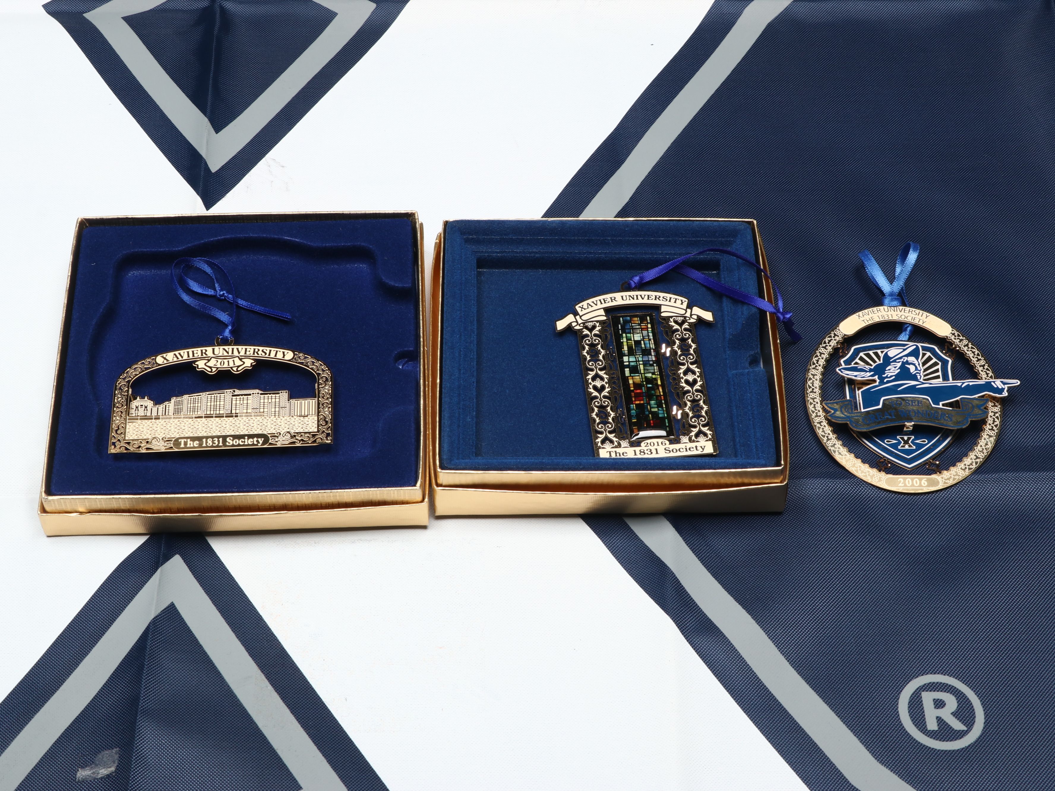 Xavier University Ornaments with Flag and Bobbleheads