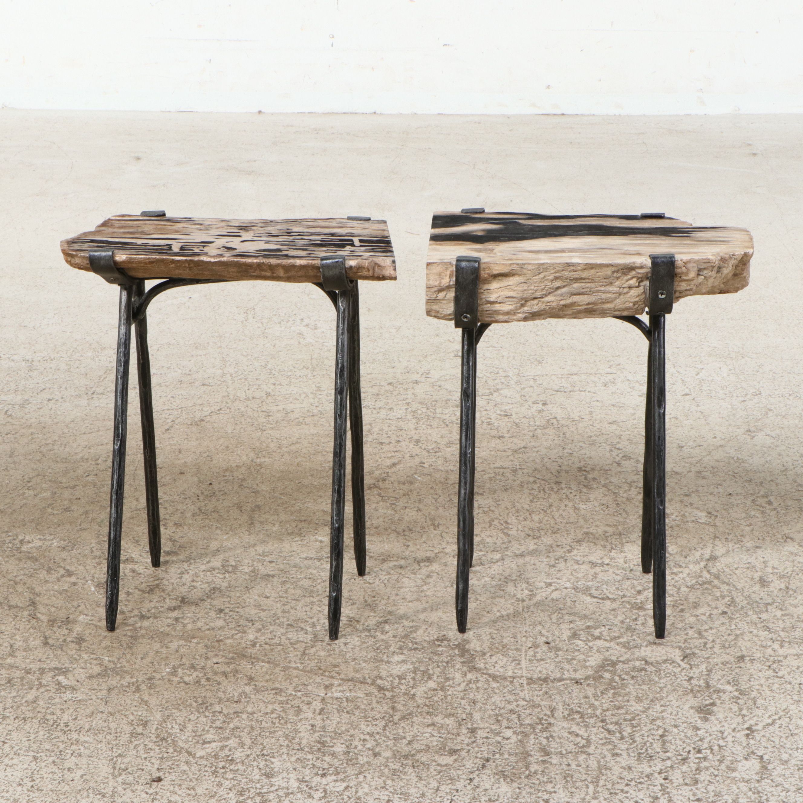 Pair Petrified Wood Side Tables with Wrought Iron Legs