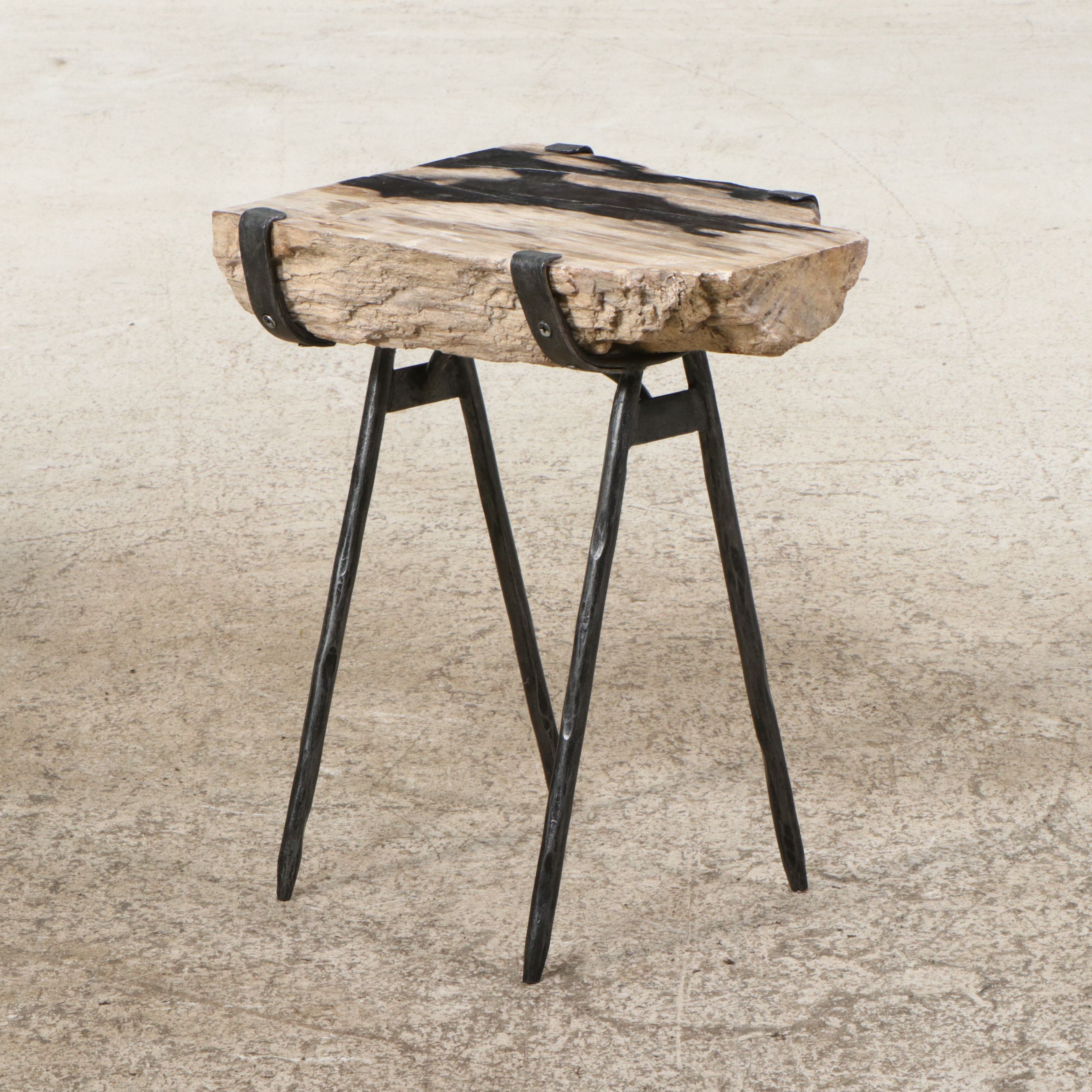 Pair Petrified Wood Side Tables with Wrought Iron Legs