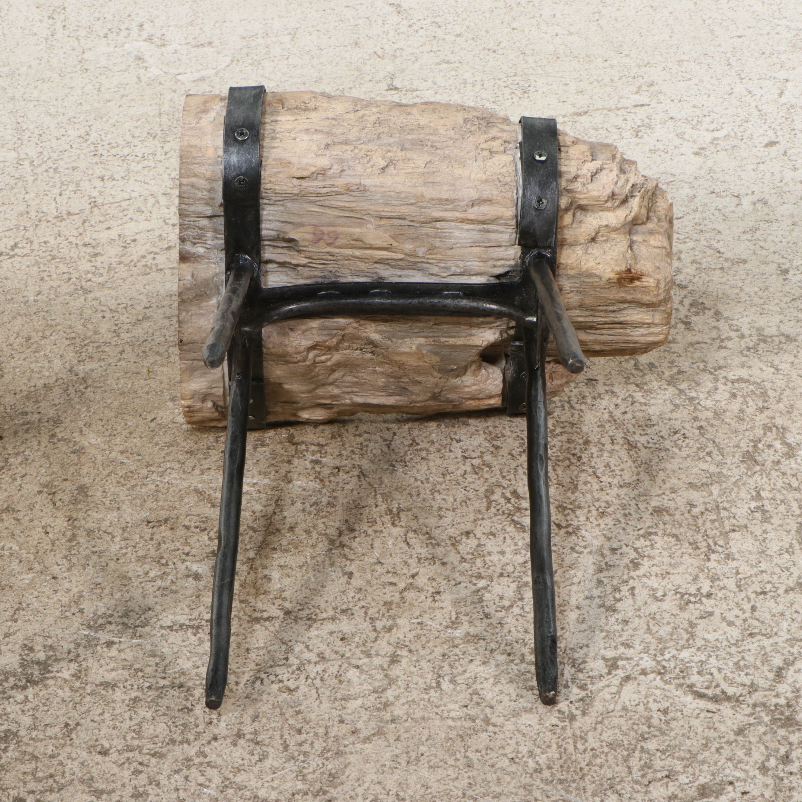 Pair Petrified Wood Side Tables with Wrought Iron Legs
